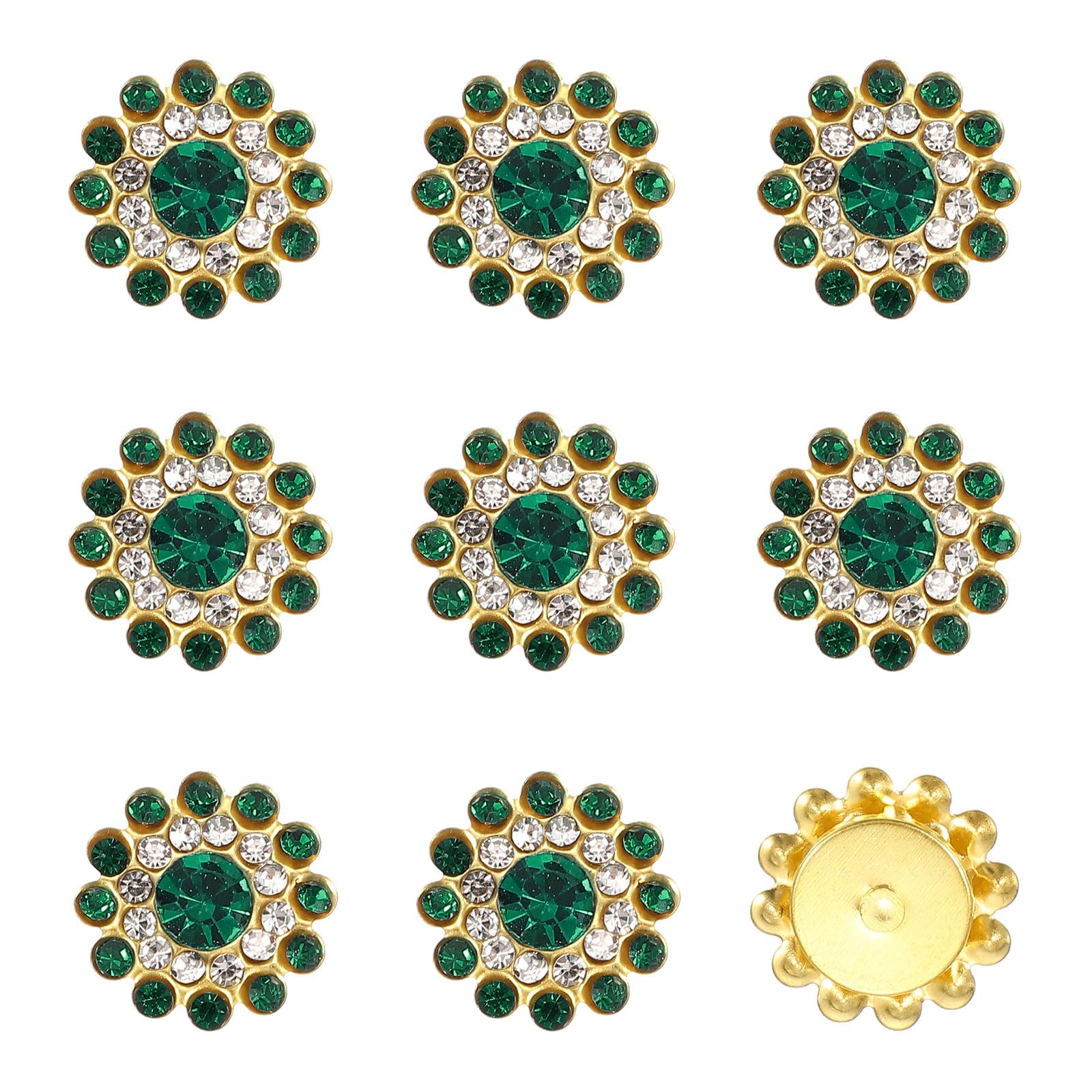 YELARXI 150Pcs 14mm Sew on Flower Rhinestones Crystal Glass Gems, Flatback Claw with Metal Base Crystals for Sewing Clothes Shoes Jewelry Belt Accessories, Dark Green