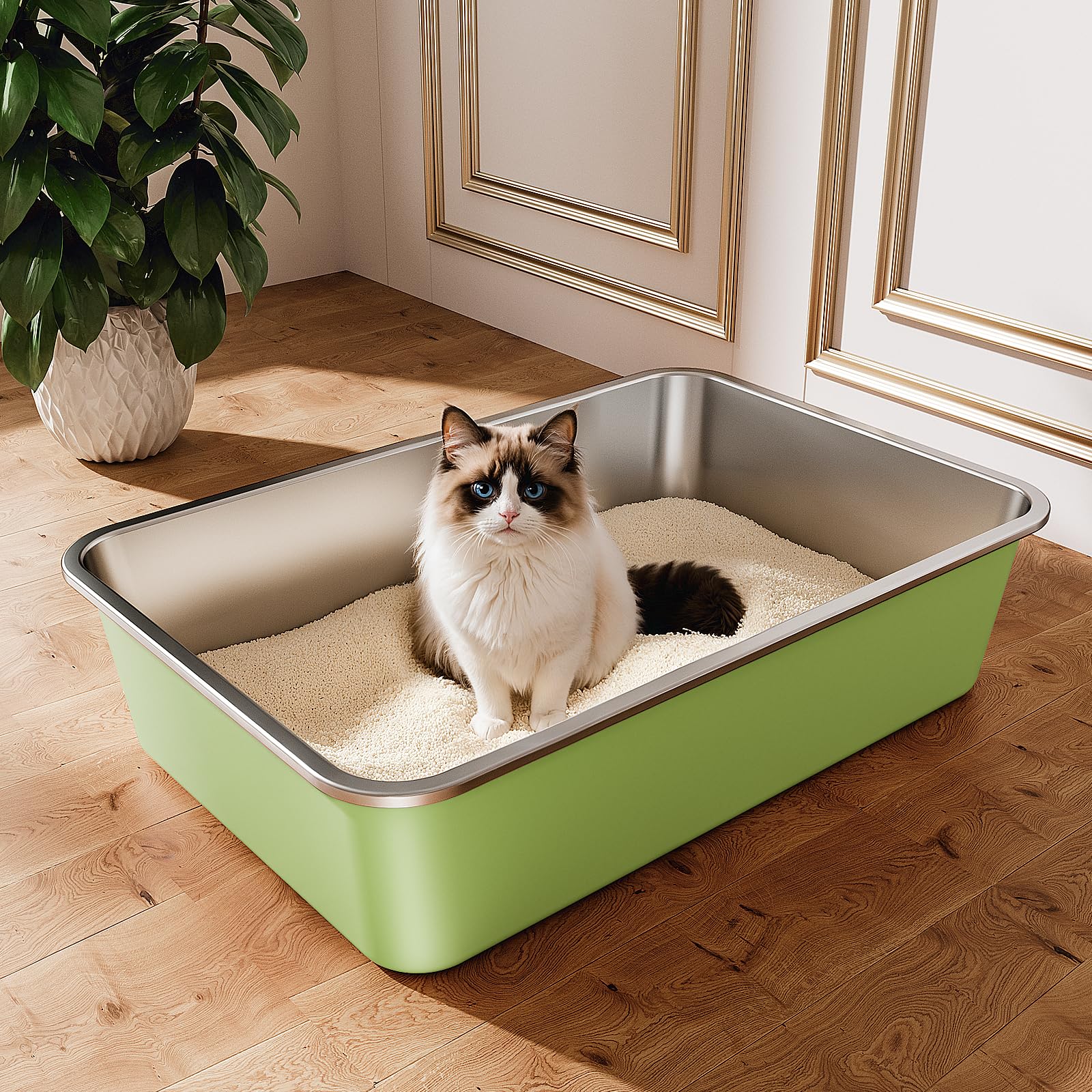 Stainless Steel Cat Litter Tray, Cat Litter Box for Large Small Cats, High Sided Metal Litter Tray, Cats Toilet for Kitten Rabbit and Guinea Pig, Non-Stick, Odor-Free (Green, 23.4"L×15.6"W×5.9"H)