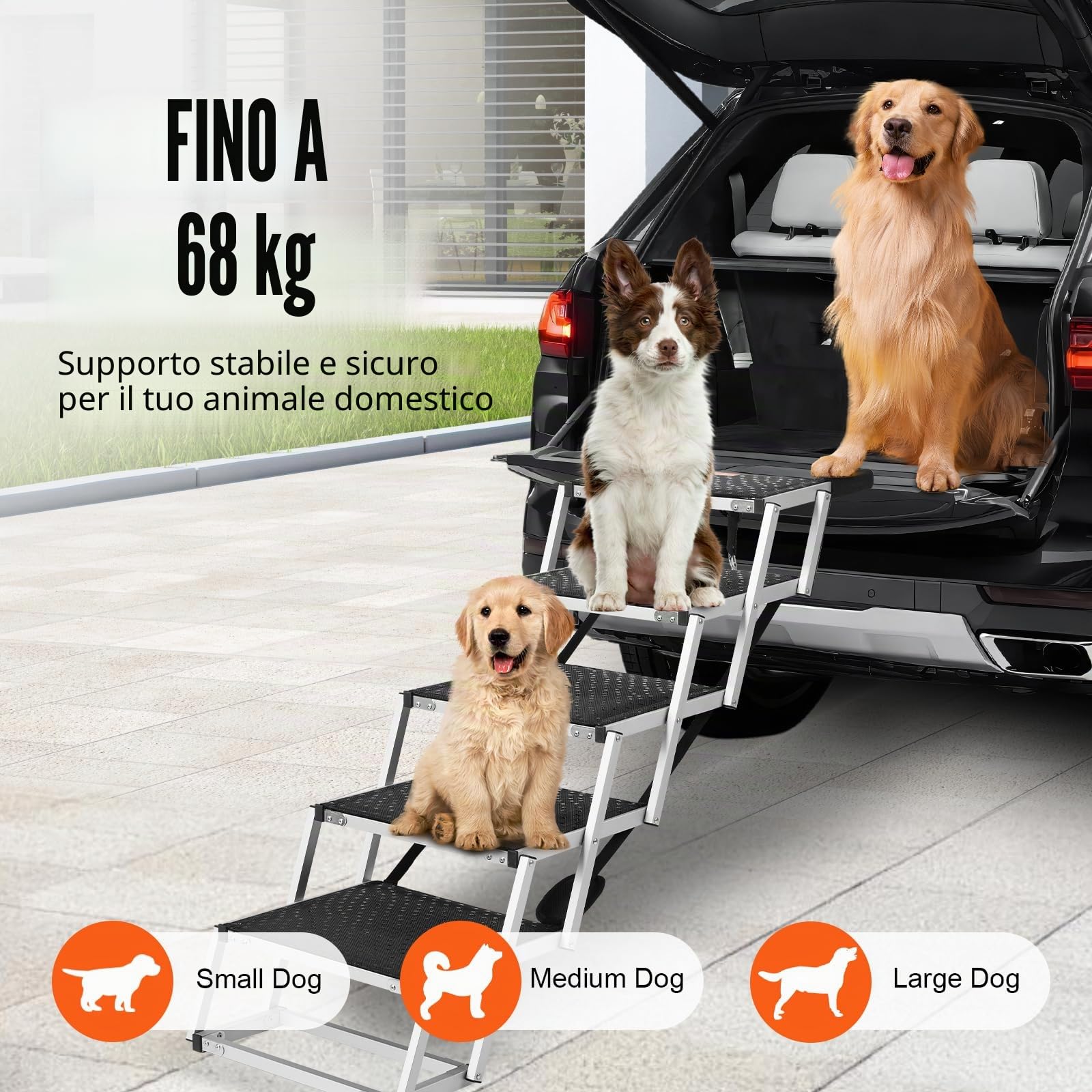 VEVOR Scala Gradini Larghi per Auto per Cani 5 Gradini, Rampa Pieghevole con Superficie Antiscivolo, Animali Domestici Gradini Portatili in Alluminio Leggero per SUV e Camion, Supporta Fino a 68 KG