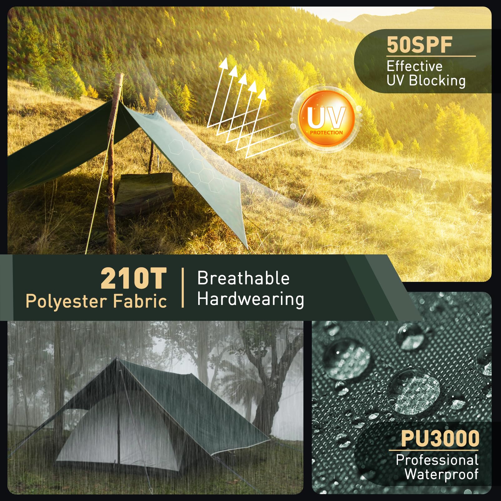 Tarp 3x3/3x5M Wasserdicht Camping Zeltplane Anti-UV Sonnen Regen Schutz mit Öse Aluminiumstifte Nylonseile
