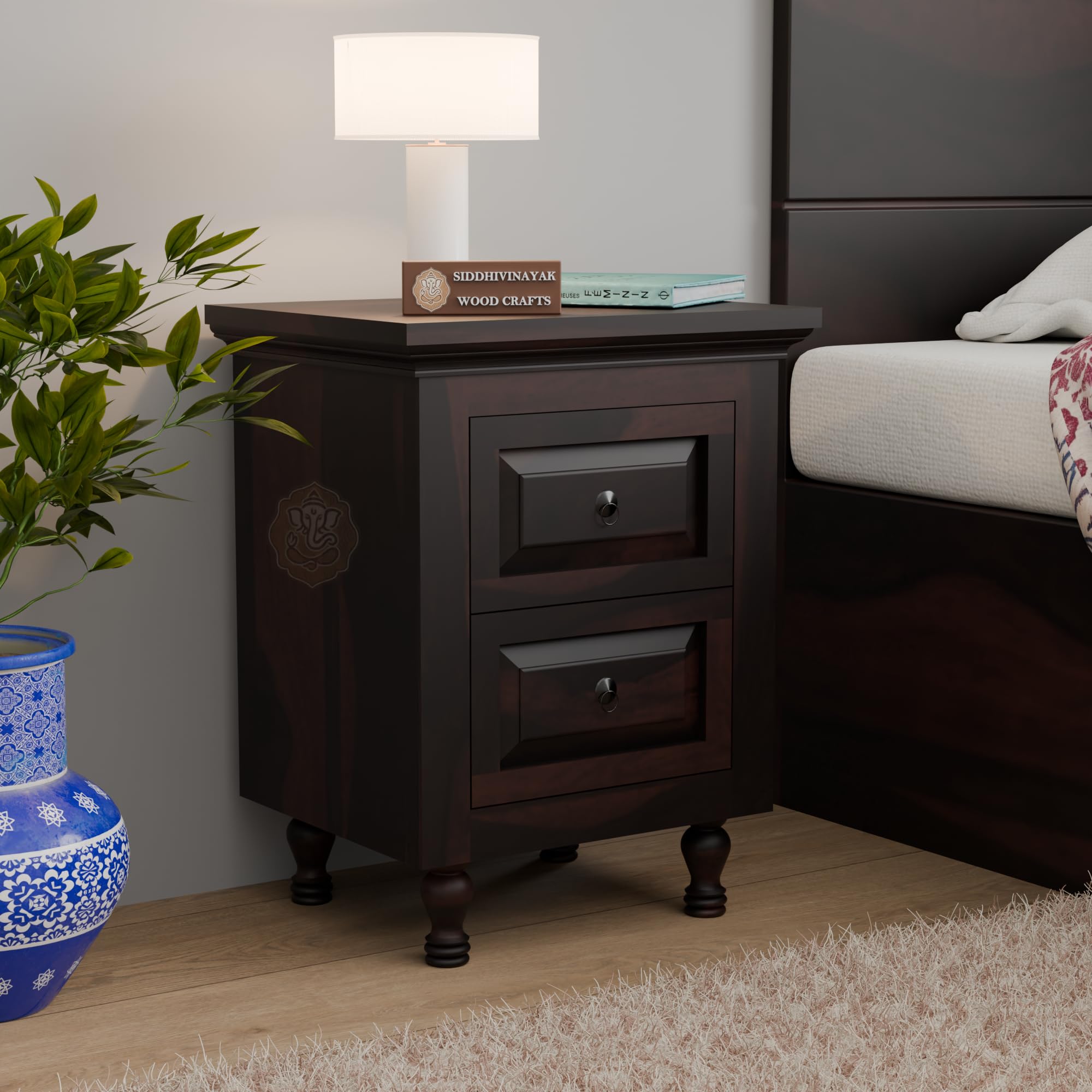 SIDDHIVINAYAK Solid Sheesham Wood Bedside Table for Bedroom | Wooden Bed Side Nightstand End Table with 2 Drawers Stoarge for Home & Hotels | Storage Side Table for Living Room | Walnut Finish-image-19