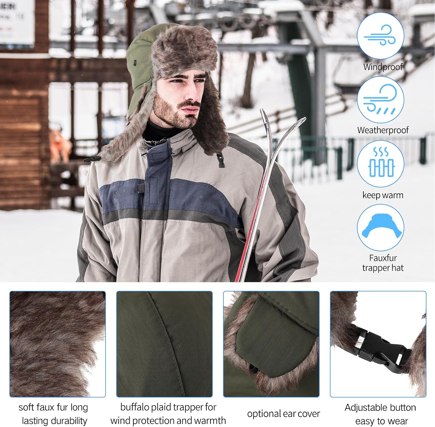 2 Pcs Unisex Winter Trapper Hat with Faux Fur Ear Flaps - Ushanka Hat for Men - Outdoor Skiing & Hunting - Image 2