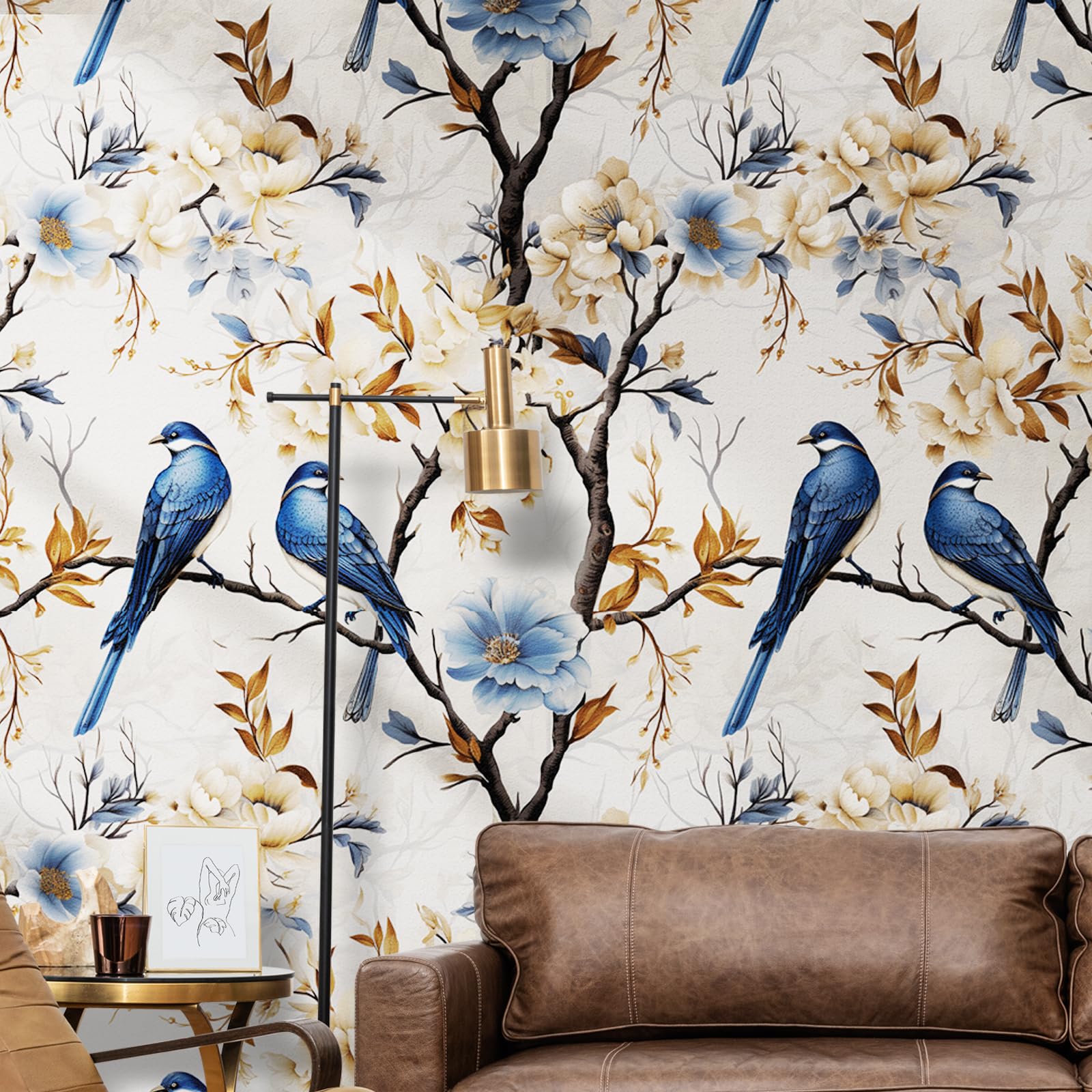Papel pintado autoadhesivo floral, 44 x 600 cm Papel pintado autoadhesivo de pájaros y flores, papel de pared de despegar y pegar, flores de pájaro azul, hojas, árbol, autoadhesivo, envoltorio de