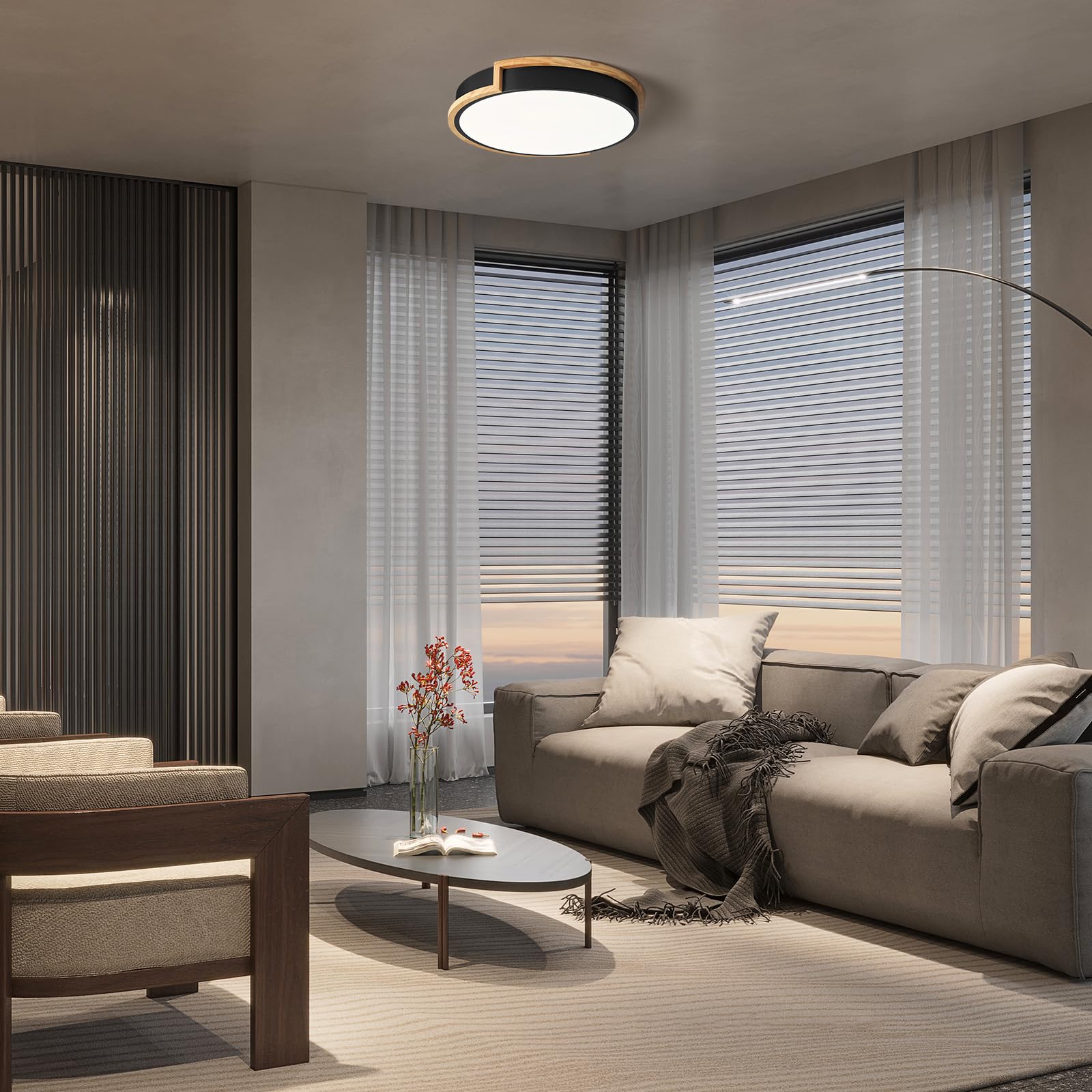 WOKNOS Lampada da soffitto, Plafoniera Bianca 40 cm, Lampada LED 36W con legno per camera da letto, soggiorno, cucina, corridoio, sala da pranzo, 4000K