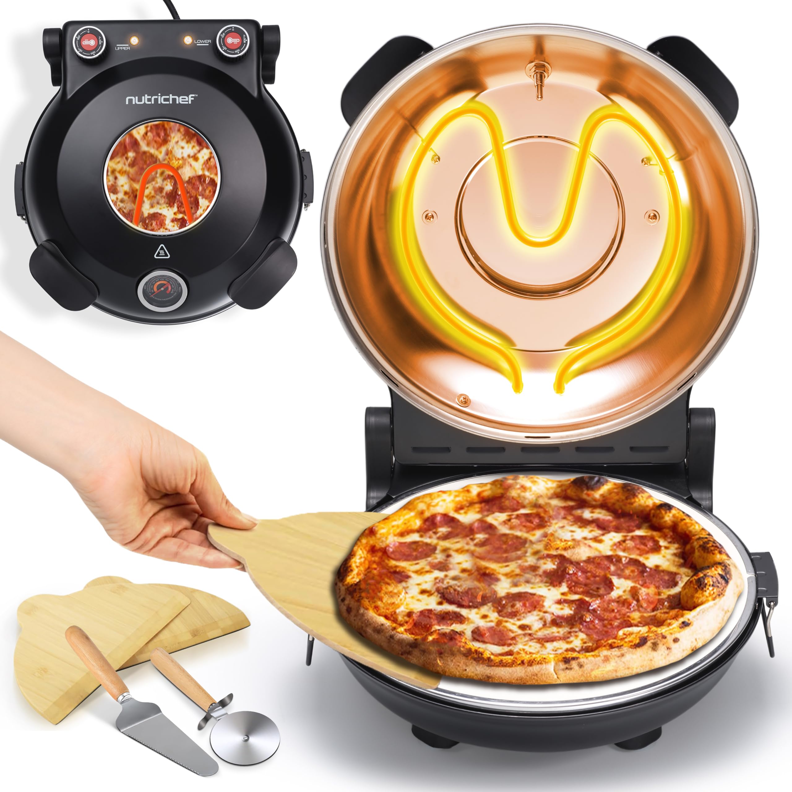 Nutrichef horno electrico para pizza, 1200V, Control de temperatura con termometro, Ventana de visualizacion, Antiadherente, Incluye: plato removible, Palas de madera, Espatula y cortador