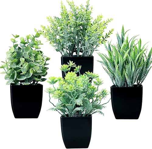 Miniatura 8 de GREENTIME 4 plantas falsas en maceta, pequeñas plantas artificiales de interior en maceta blanca vegetación para el hogar, oficina, dormitorio,