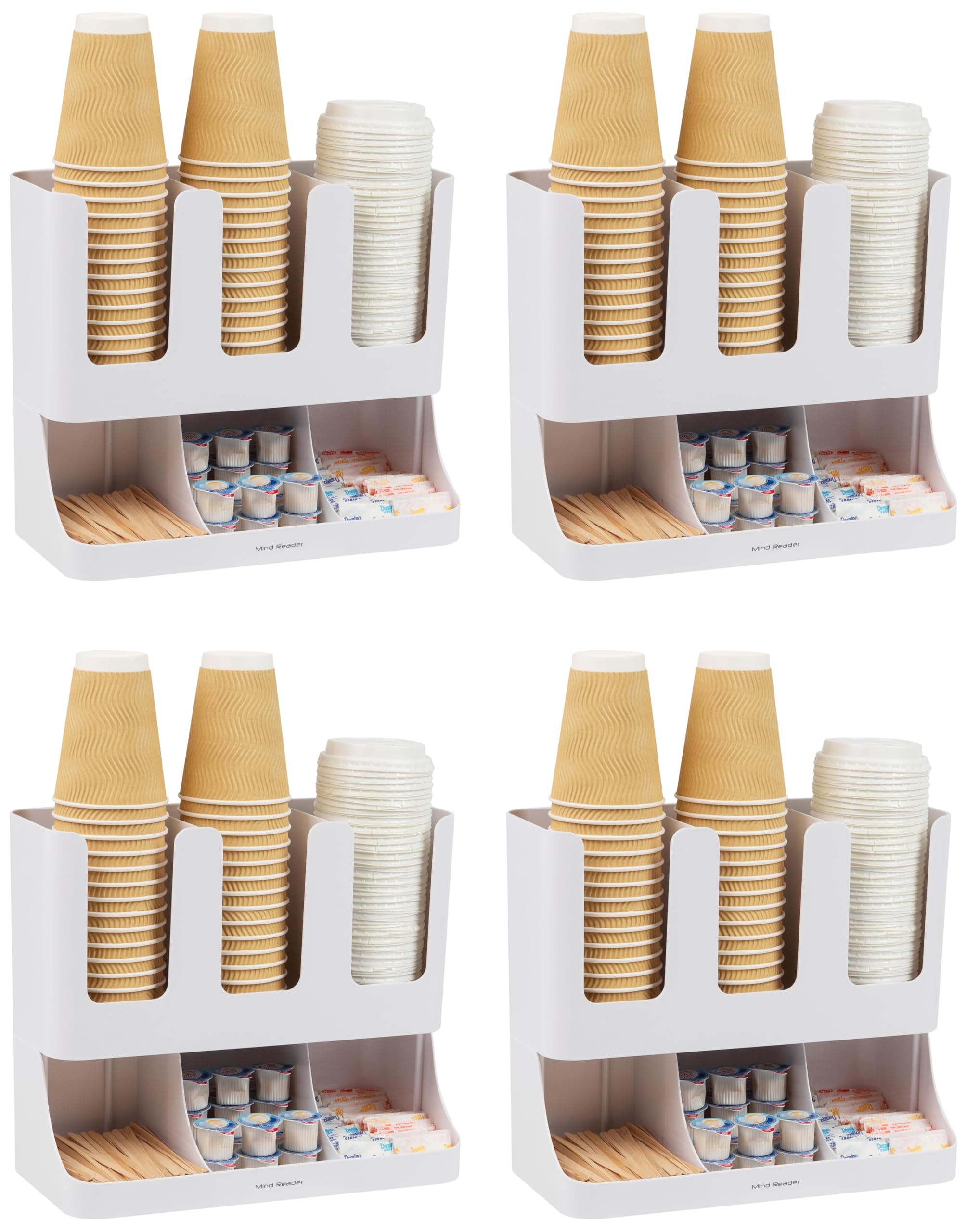 Mind Reader Cup and Condiment Station, Inch Countertop Coffee Bar Organizer with Compartments,Storage Caddy for Cups, Lids &amp; Packets, Plastic,White, 6-Compartment,13" L x 6.4" W x 11.5" H (Pack of 4)