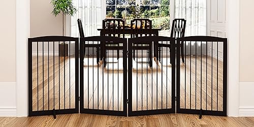 Miniatura 36 de Puerta independiente plegable para mascotas para perros, puerta plegable de madera para perros para la casa, barrera interior extra ancha para Negro