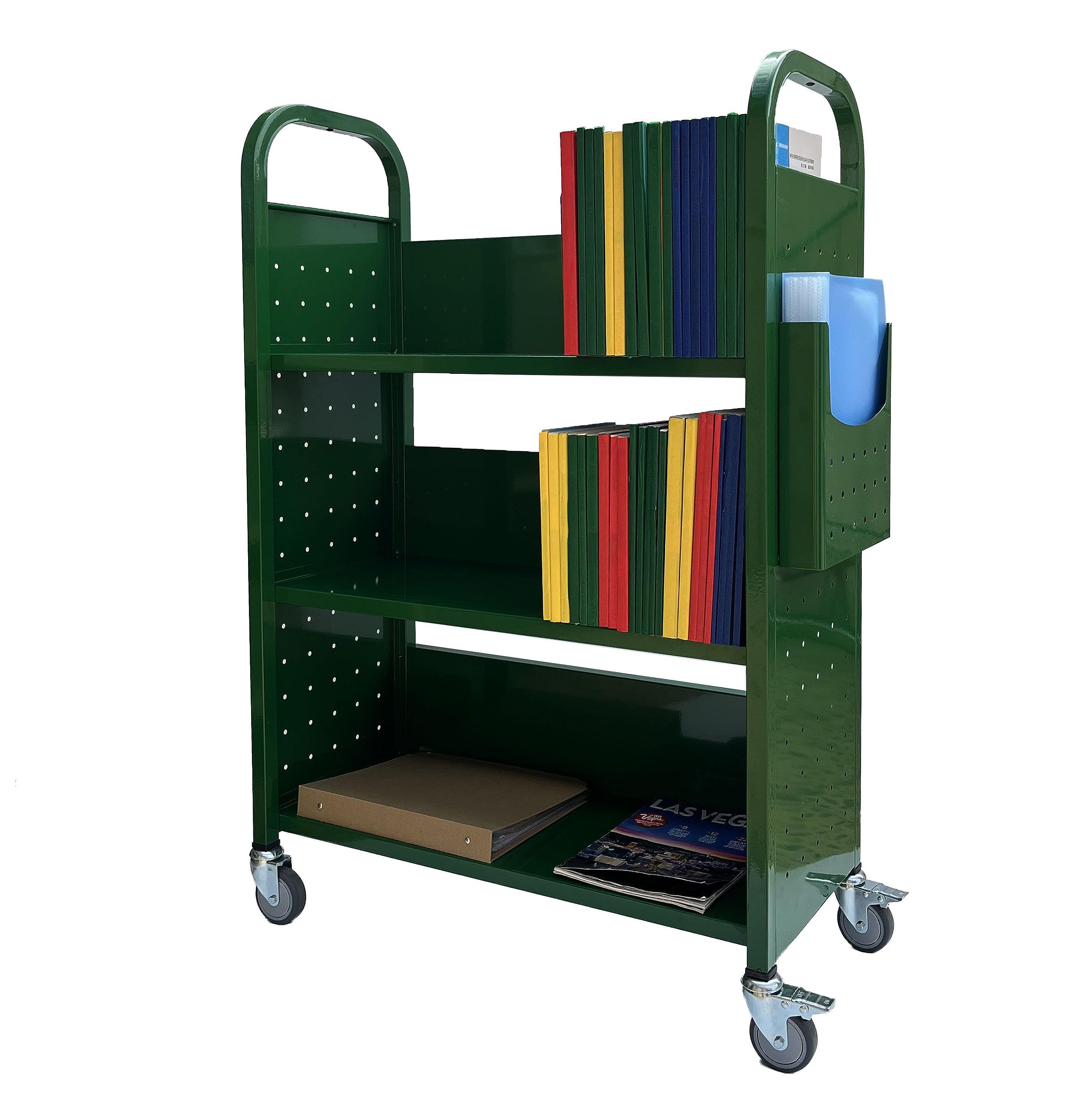 Workington Rolling Book Truck Book Cart with 3 Flat Shelves, Library Book Cart with Swivel Lockable Casters 3001 Green