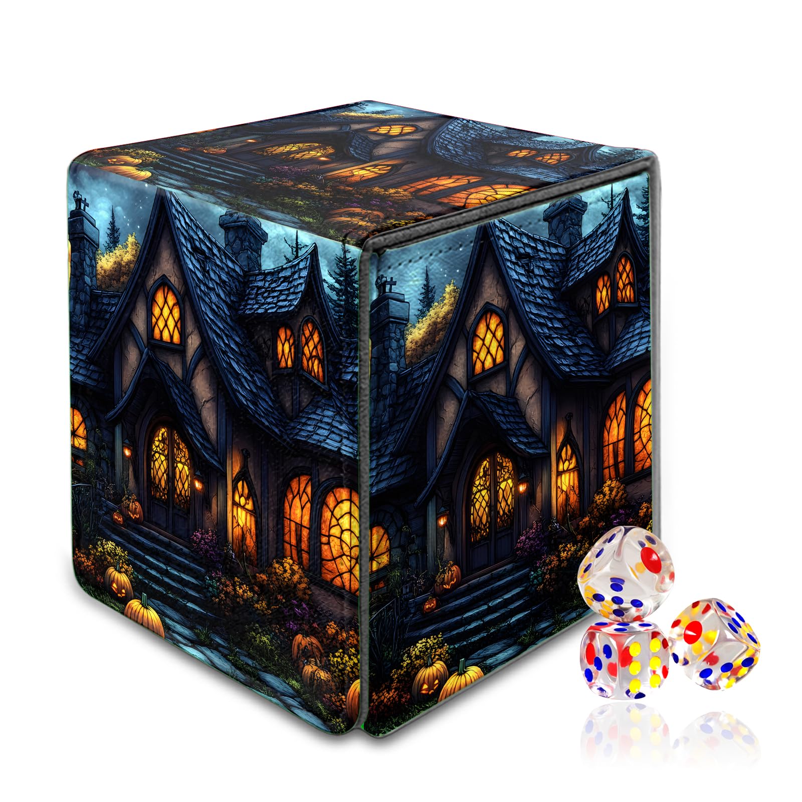 VOGDMKJG Trading Card Deck Box Fit 120+ Single Sleeved Cards,PU Leather Magnetic Closure Card Storage Box With 3 Dice For MTG/TCG/PTCG/Magic/Sport Card Storage Case Vertical Design Dark Pumpkin House