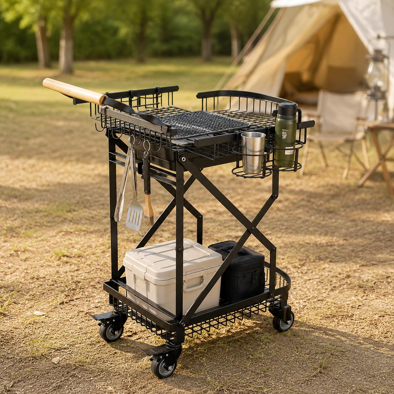 Barbacoa Carbón Portátil, Parrilla Barbacoa Exterior con Ruedas, Carrito Acero y Madera, para Camping y Jardín, Carro de barbacoa con parrilla, ganchos y portabebidas (embalaje suelto)