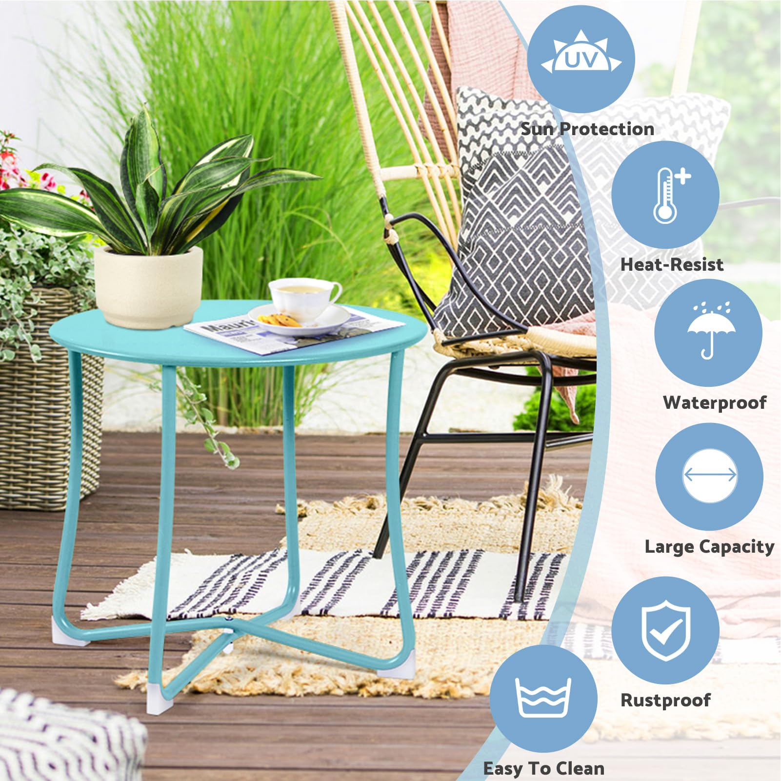 Amagabeli - Mesa auxiliar redonda de metal para exteriores, resistente al óxido, de 18 pulgadas, mesa auxiliar portátil para patio, balcón, jardín, mesita de noche, sala de estar, azul turquesa 4