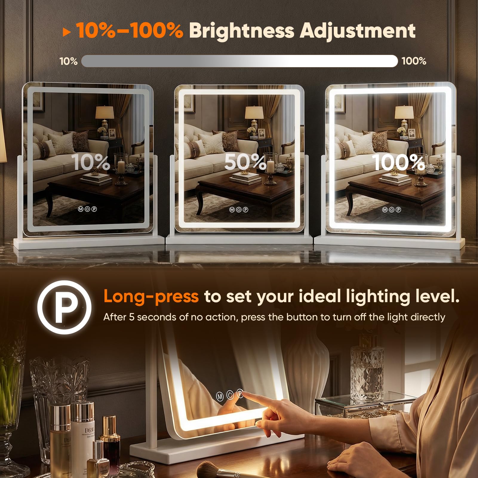 Antok Luces de espejo de maquillaje, 13 x 18 pulgadas, espejo de tocador grande con luz LED para mesa de dormitorio, tacto inteligente, con aumento desmontable de 10 veces