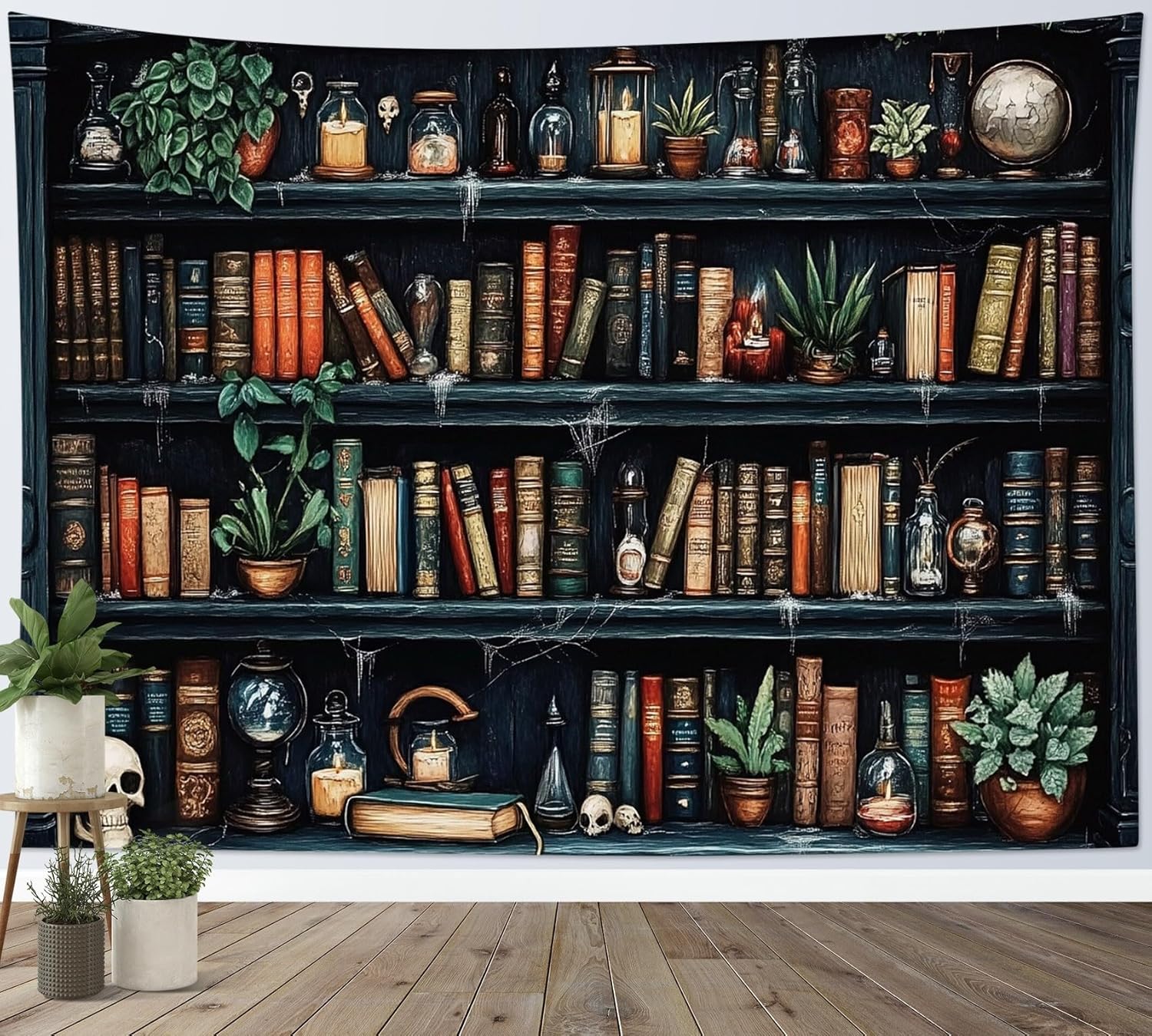 LB Vintage Bookshelf Tapestry for Bedroom Gothic Skull Magical Books Tapestry Wall Hanging Green Plants Witchy Library Tapestries for Living Room Dorm Wall Decor Party Backdrop,92Wx70.5H inches