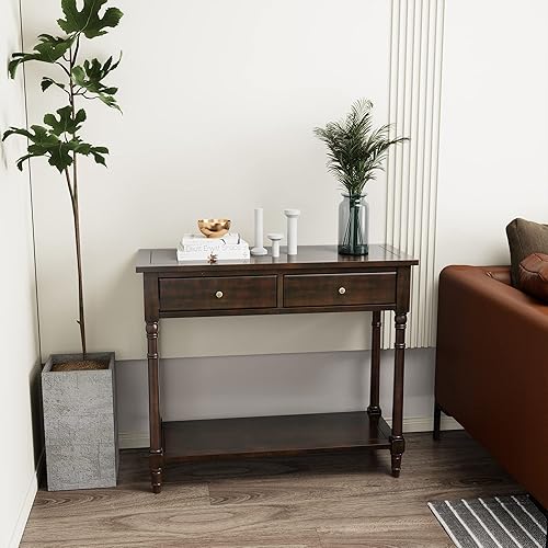 Mesa consola de madera maciza con 2 cajones, mesa de sofá decorativa de 2 niveles de 35.4 x 30 pulgadas con estante de almacenamiento multicapa,