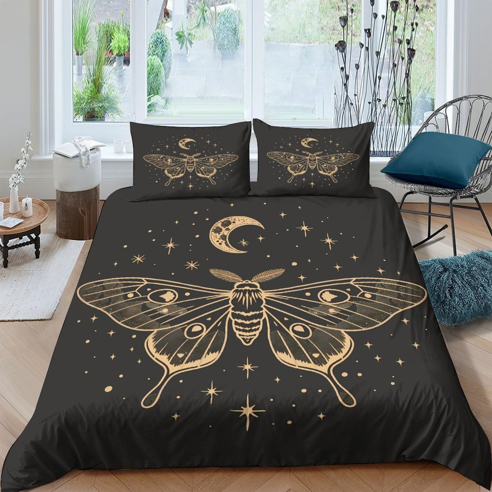 GPLZQXKJNH 3D Printed Moth Moon Duvet Cover Set Microfiber Soft Black Golden Celestial Bedding with 2 Pillowcases for Bedroom Decor Single（135x200cm）