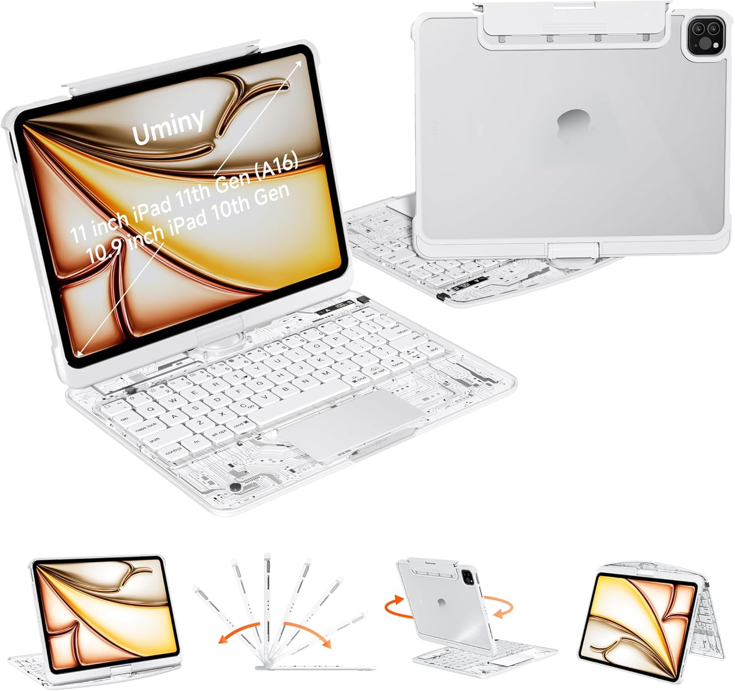 iPad Keyboard Case for iPad 10th Gen (2022) & 11th (A16, 2025), Magic Wireless Keyboard with Trackpad 7 Color Backlit, 360 Rotating Stand Transparent Protective Cover with Pencil Holder (White)