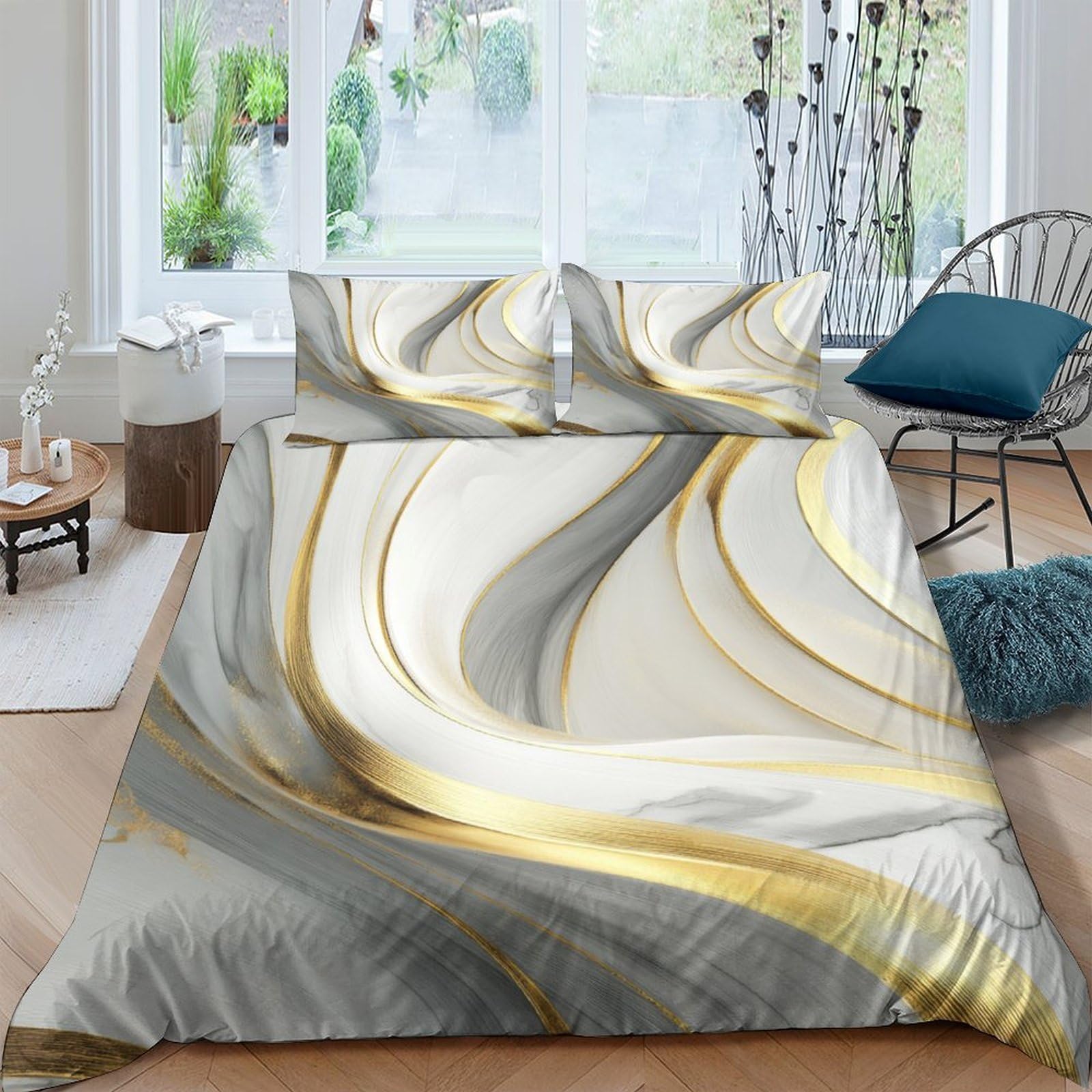 Ctjqhvkz Style-7 3D Printed Gold Marble Fitted Sheet Microfiber Elegant Grey Swirl Mattress Cover Bedroom Home Decor Single（135X200cm）