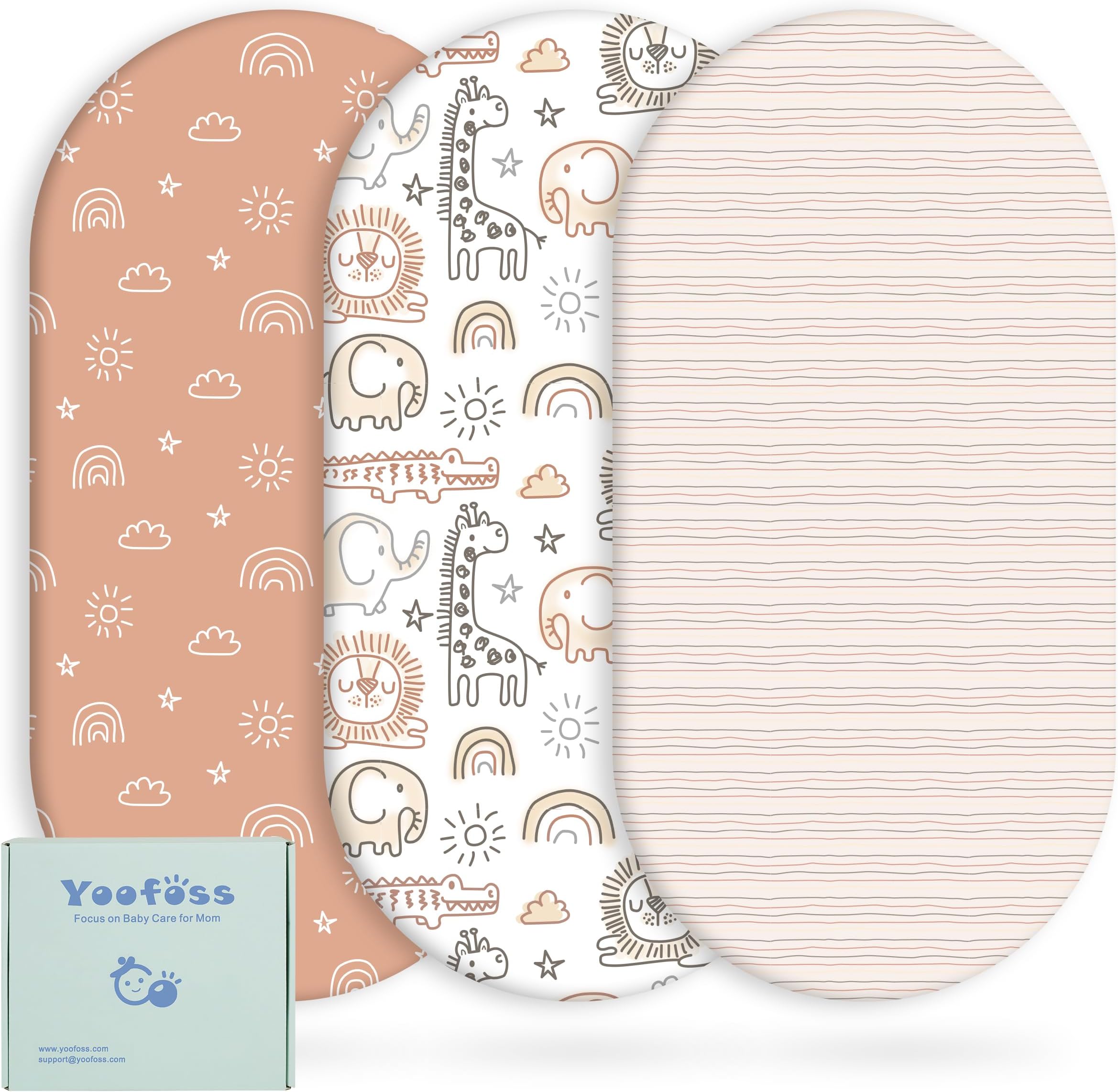 Yoofoss Bassinet Sheets for Baby,3-Pack Fitted Bassinet Sheets Set Compatible with Halo Bassinest Swivel Sleeper,Baby Delight,Angelbliss,Soft Breathable Bassinet Mattress Sheets (Brown+Animals)