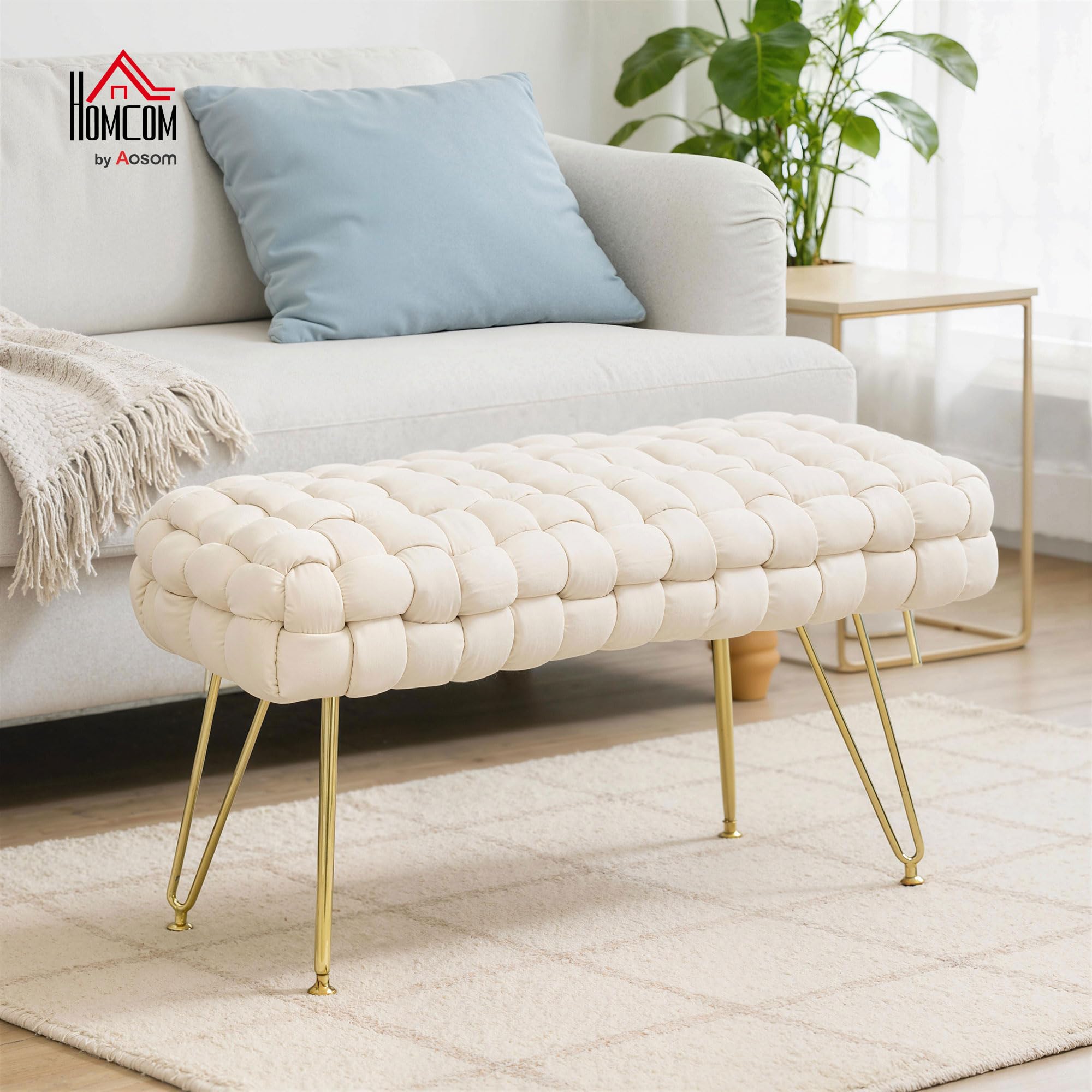 HOMCOM Banco Pie de Cama Tapizado en Terciopelo Banqueta Dormitorio Pie de Cama con Patas Doradas y Asiento Acolchado para Entradas Crema