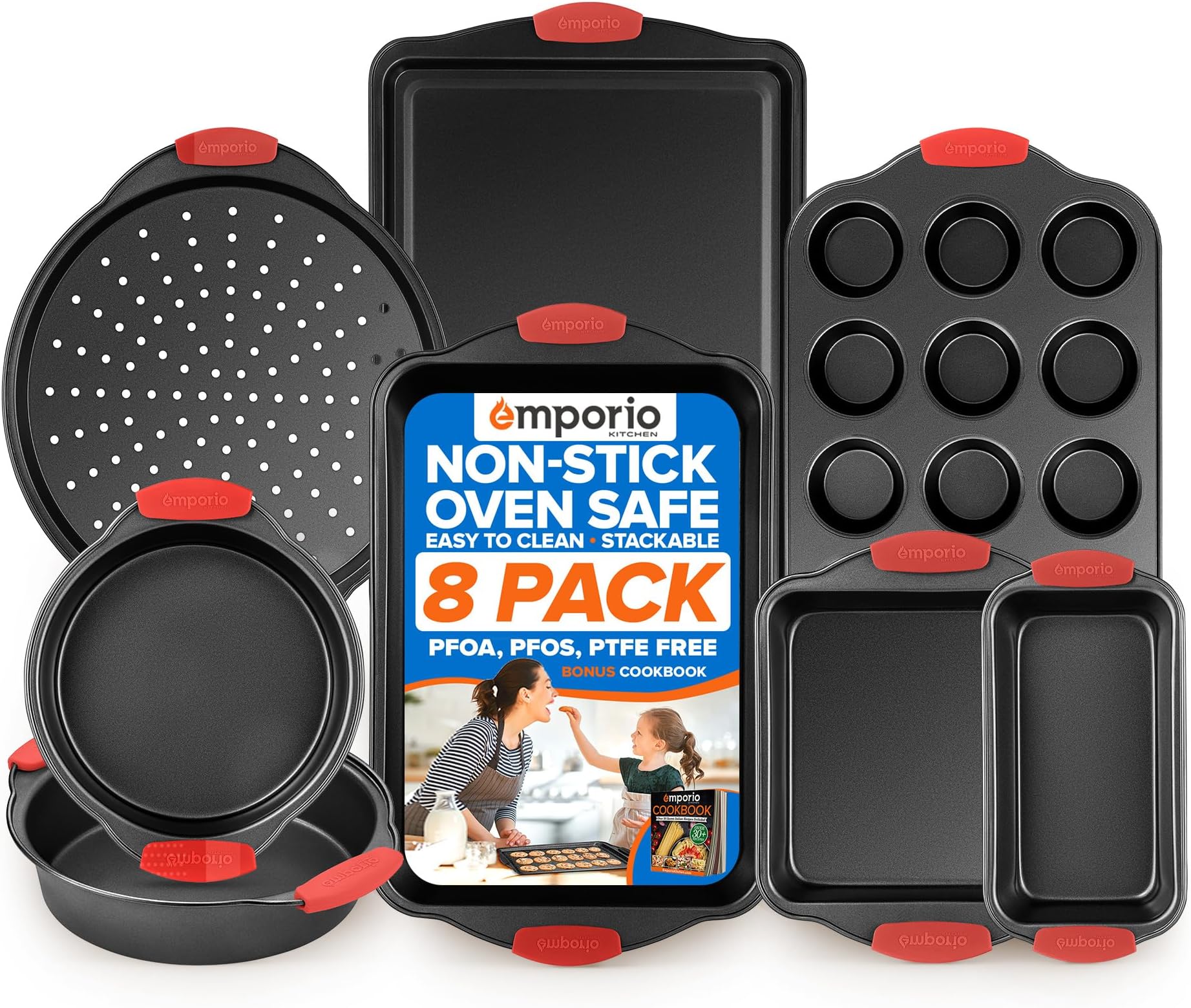 Baking Pan Set - Nonstick Coating, Carbon Steel Bakeware Set with Red Silicone Handles, PFOA, PFOS, PTFE Free, Recipe Booklet Included, Oven Safe Tray (Up To 450° F), Set of 8 - Black