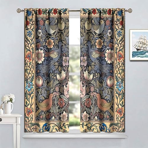 Miniatura 7 de Cortinas bohemias William Morris con estampado de pájaro retro con estampado de animales, para dormitorio, sala de estar, 2 paneles, 42 x 63