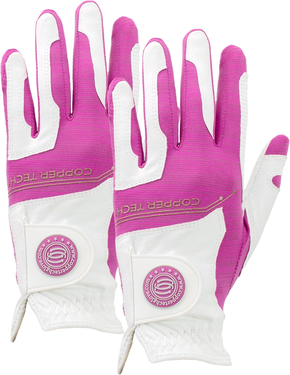 Women’s Golf Glove, Copper Infused Compression for Arthritis Relief, Non-Slip Silicone Grip – USGA Approved, White/Fuchsia, 2-Pack