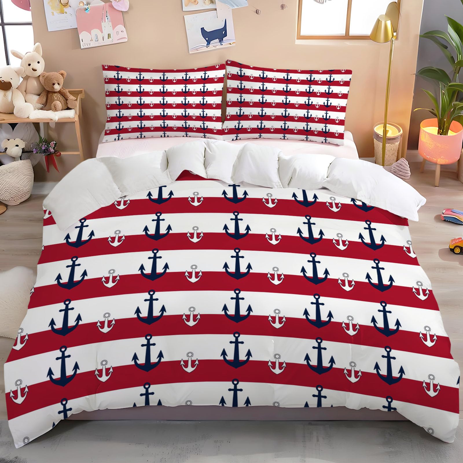 Housse de couette romantique pour chambre fille et couple au motif ancre marine rouge et blanc