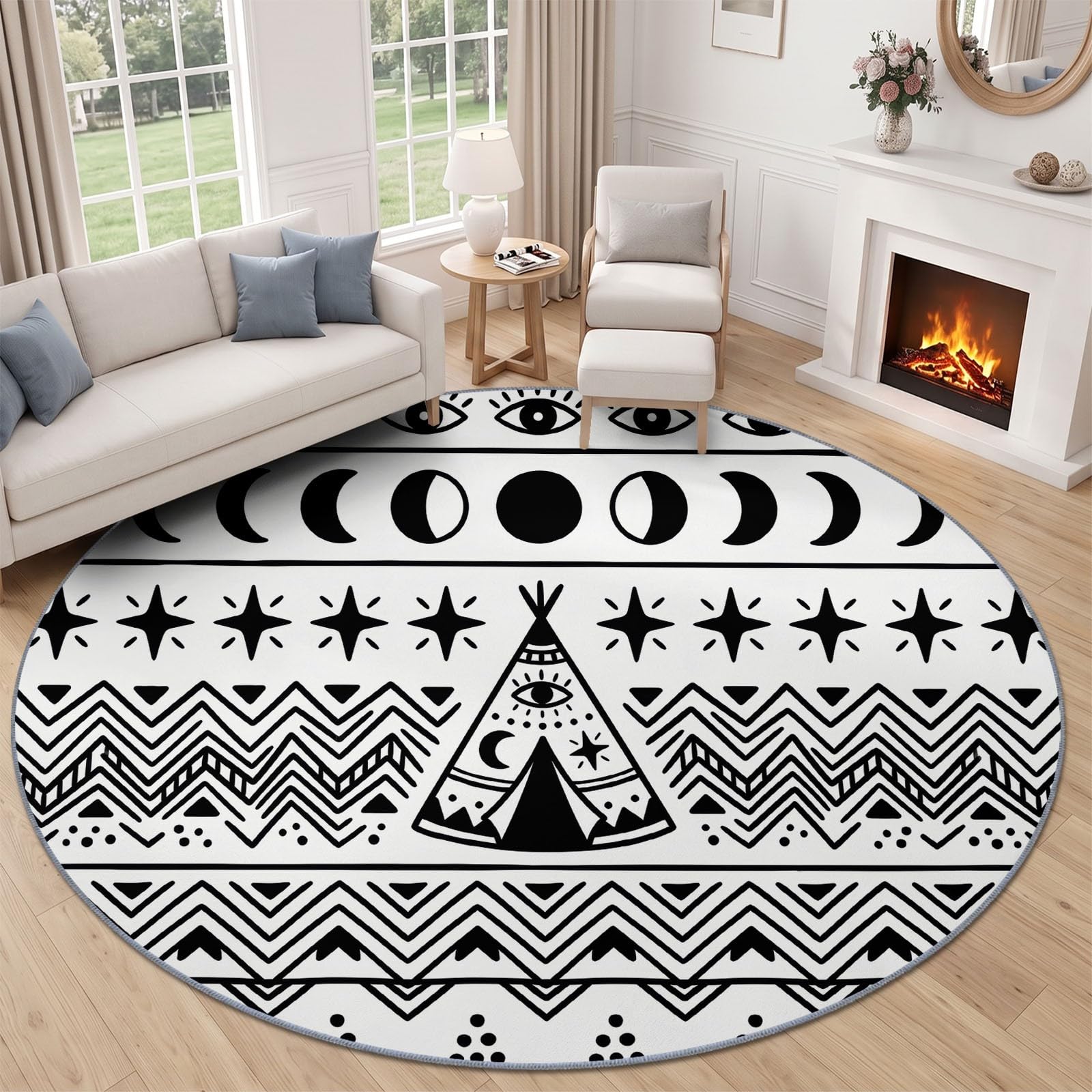 Générique Tapis Rond 245 cm Antidérapant, Phases De Lune Bohèmes & Motif Œil Tapis Salon Rond Lavable en Machine Espace Art Moelleux pour Chambre À Coucher, Blanc