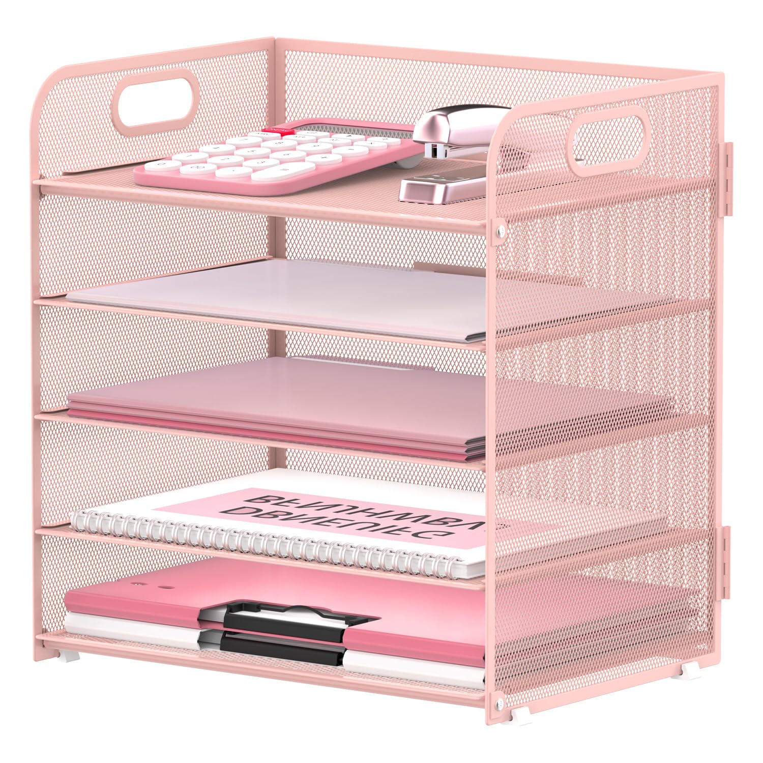 Supeasy 5 Trays Papier Organizer Brief Tray mit Griff-Mesh Schreibtisch Datei Organizer, Papier Sortier Schreibtisch Organizer für Büro, Haus oder Schule, Rosa
