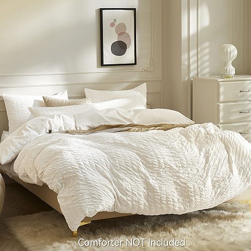 Miniatura 3 de JELLYMONI Juego de funda de edredón blanca tamaño Queen, juego de cama de microfibra lavada de 3 piezas, suave y transpirable, juego de funda de