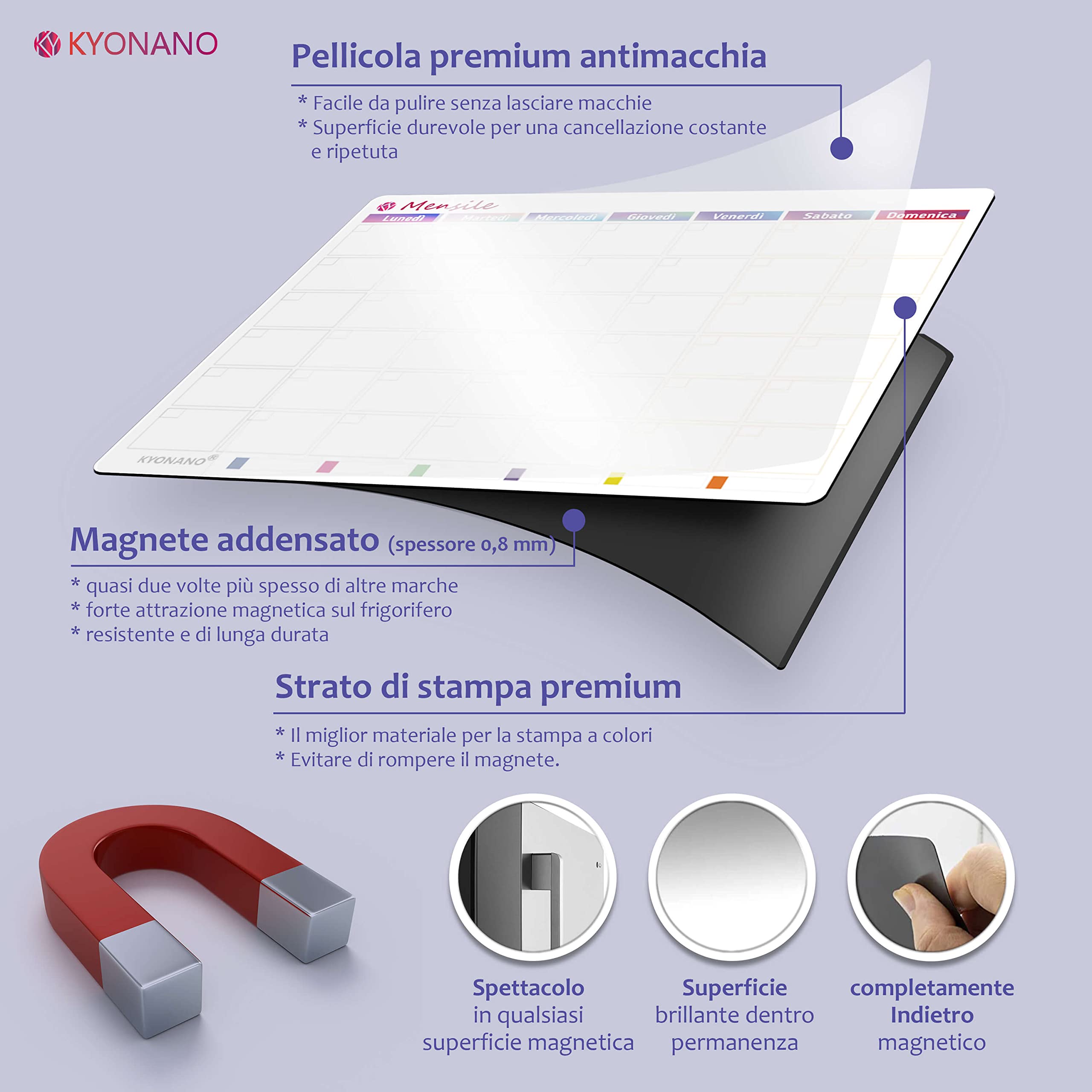 KYONANO Lavagna Calendario Magnetica frigo, incluso Pianificazione la Settimanale&Mensile+Lista delle cose da fare+tracciatore di abitudini, Lavagna Bianca Calendario cancellabile 4 Set - in Italiano