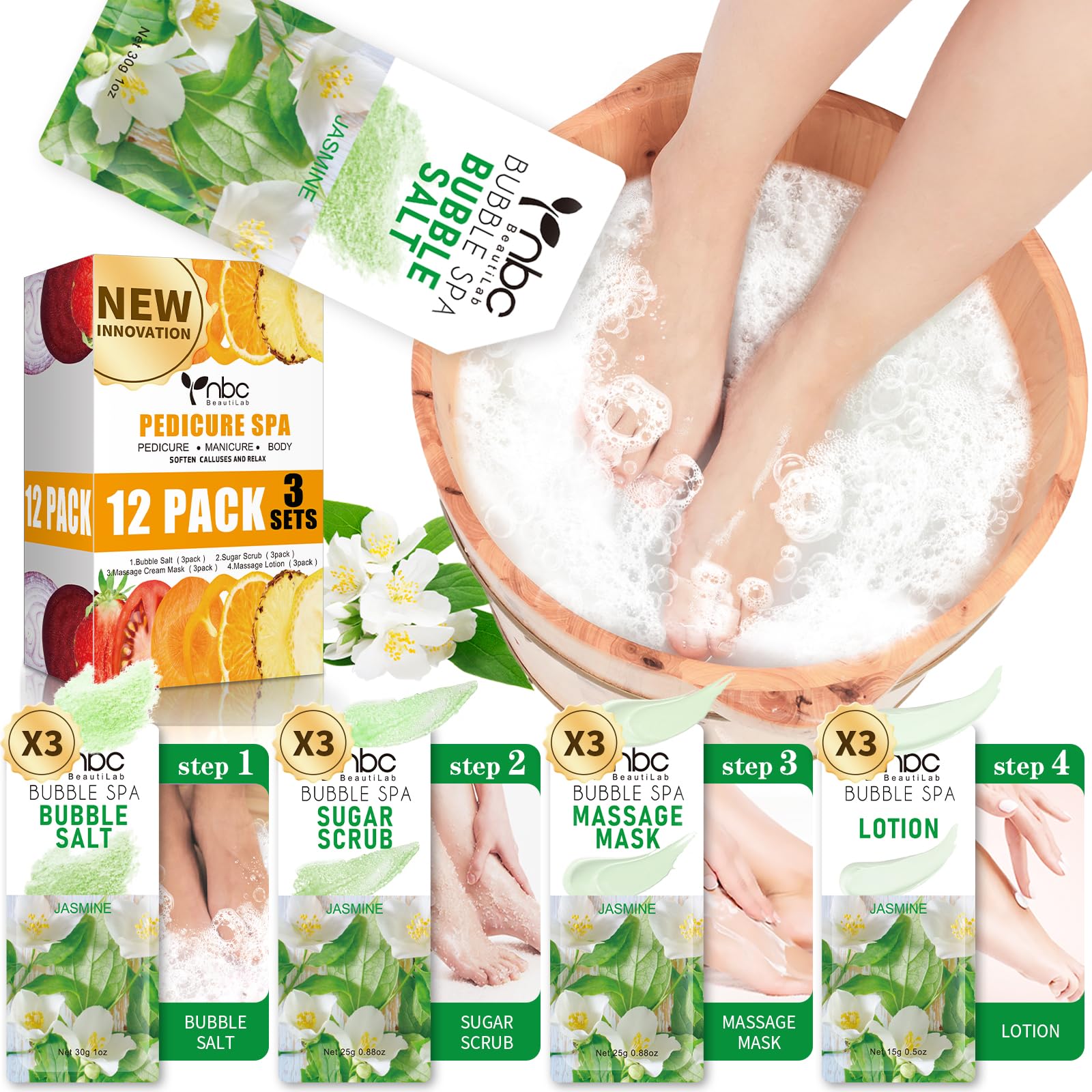 nbc BeautiLab Foot Soak Set: Bubble Salt, Sugar Scrub, Massage Mask, Massage Lotion in a Box