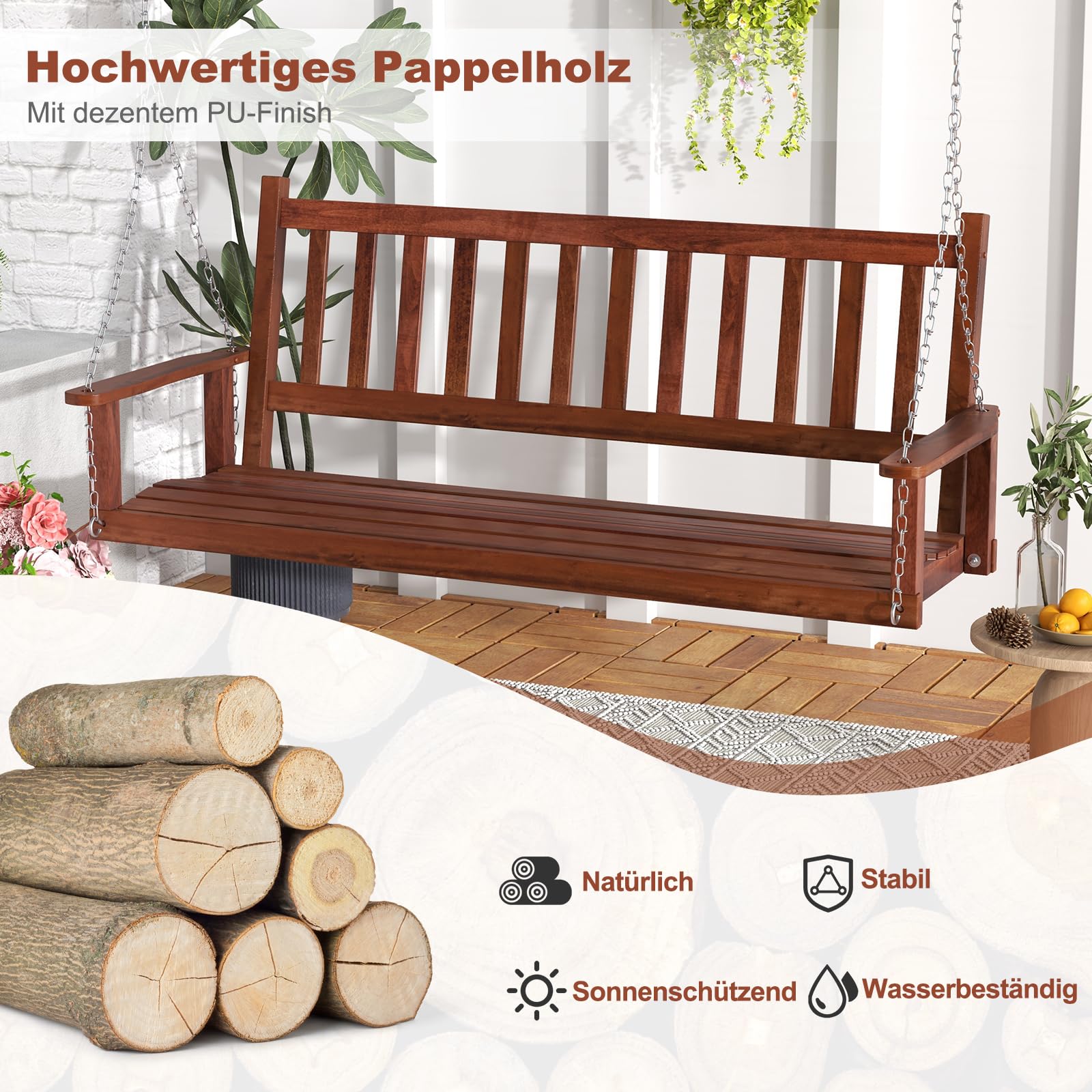 GOPLUS Hängebank, Gartenschaukel aus Pappelholz bis 227kg/360kg belastbar, Hängeschaukel mit Verstellbarer Kette, Hollywoodschaukel Schaukelbank Outdoor für Terrasse Garten Hof (3-Sitzer,Braun)