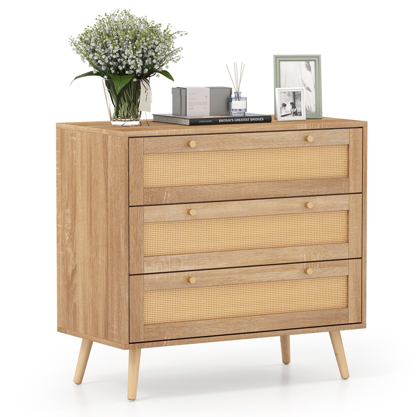 COSTWAY Wooden Chest of Drawers, 3-Drawer Rattan Dresser Storage Cabinet with Solid Wood Legs, Boho Freestanding Chest Cupboard Organiser Unit for Bedroom, Living Room, Closet and Hallway, 80x40x75cm