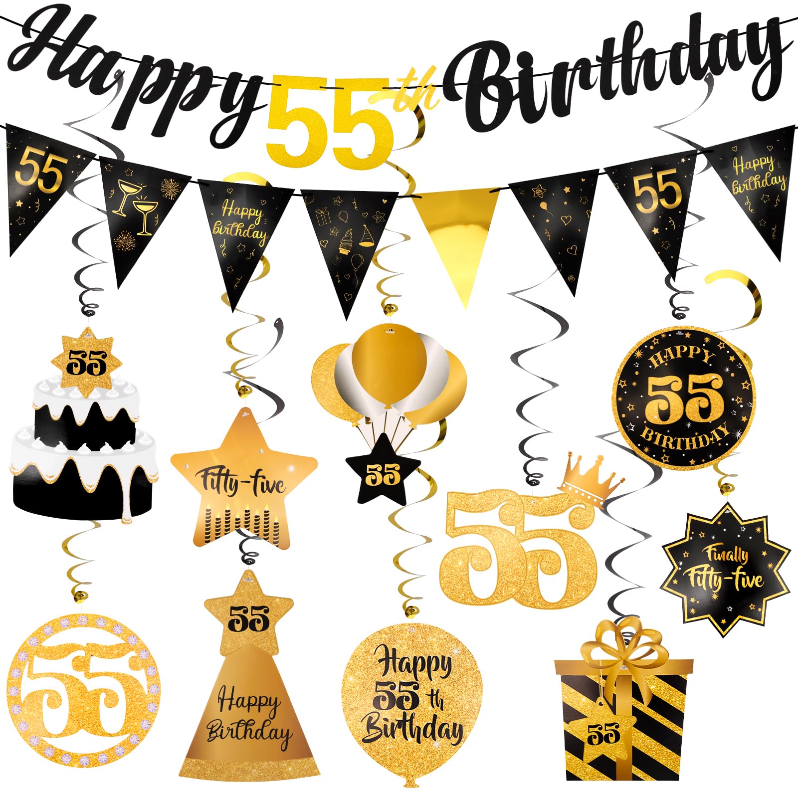 55th Birthday Decorations Men Set - Happy 55 Birthday Banner Triangle Flag Hanging Swirls Streamers for Women Men Party Decorations Supplies, Black and Gold