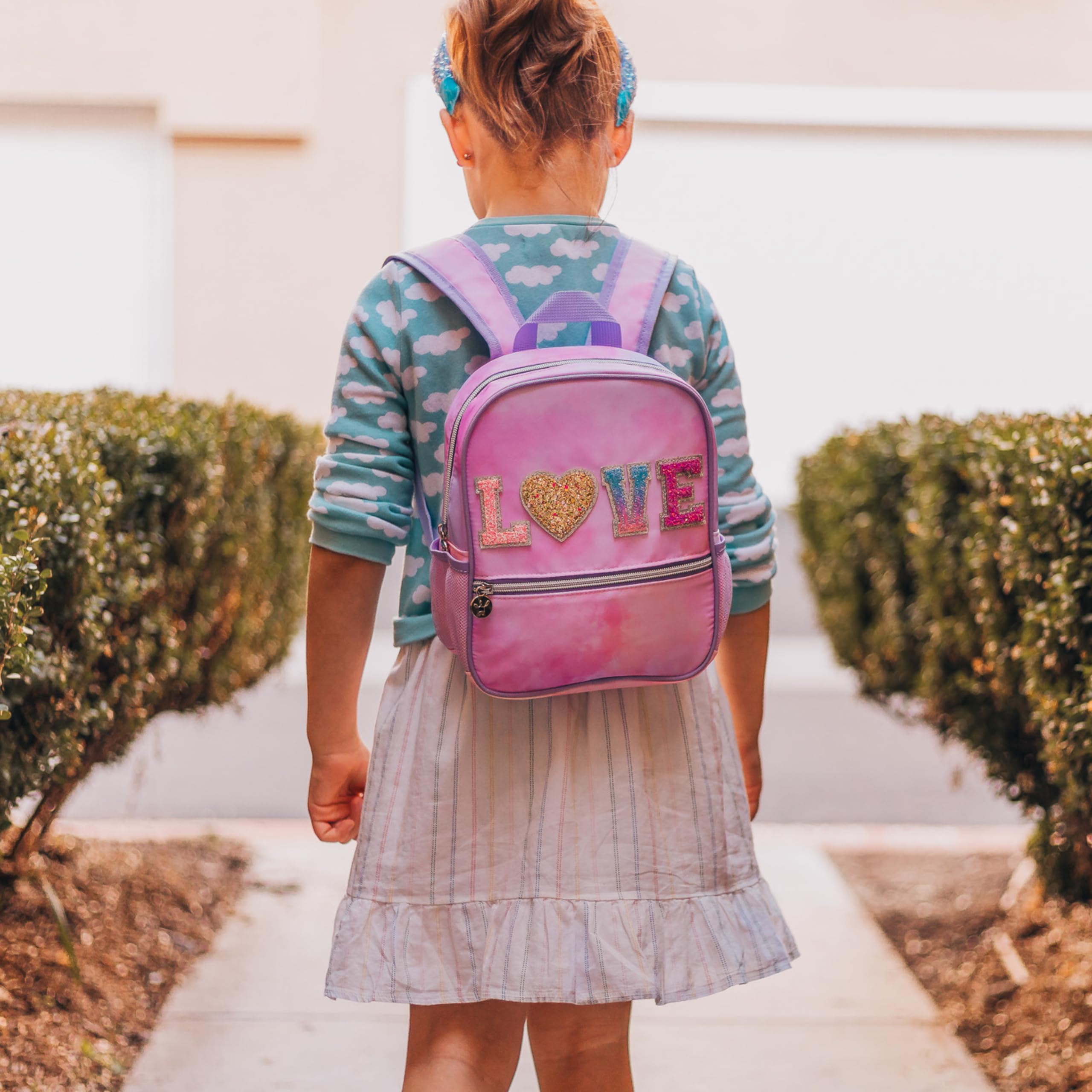 FROG SAC Mini Toddler School Backpack for Girls, Pink Preschool Kids Backpacks, Small Daycare School Bookbag, Tie Dye Glitter Little Girl Travel Back Pack Bag (LOVE - Tie Dye)