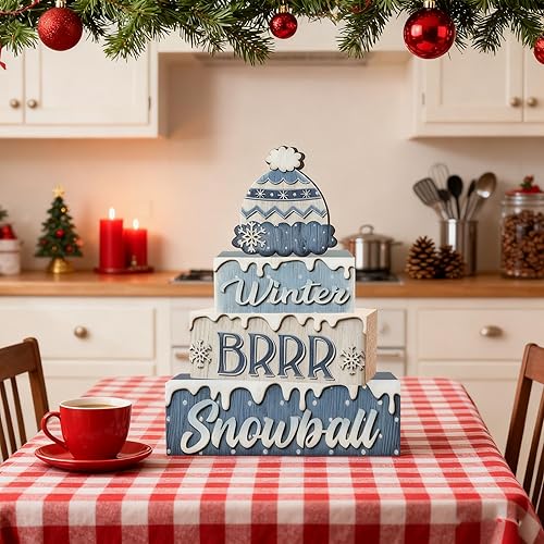 Miniatura 7 de 4 piezas de decoraciones navideñas para interiores - Decoración de mesa de copo de nieve de madera para el hogar - Centro de mesa navideño para la