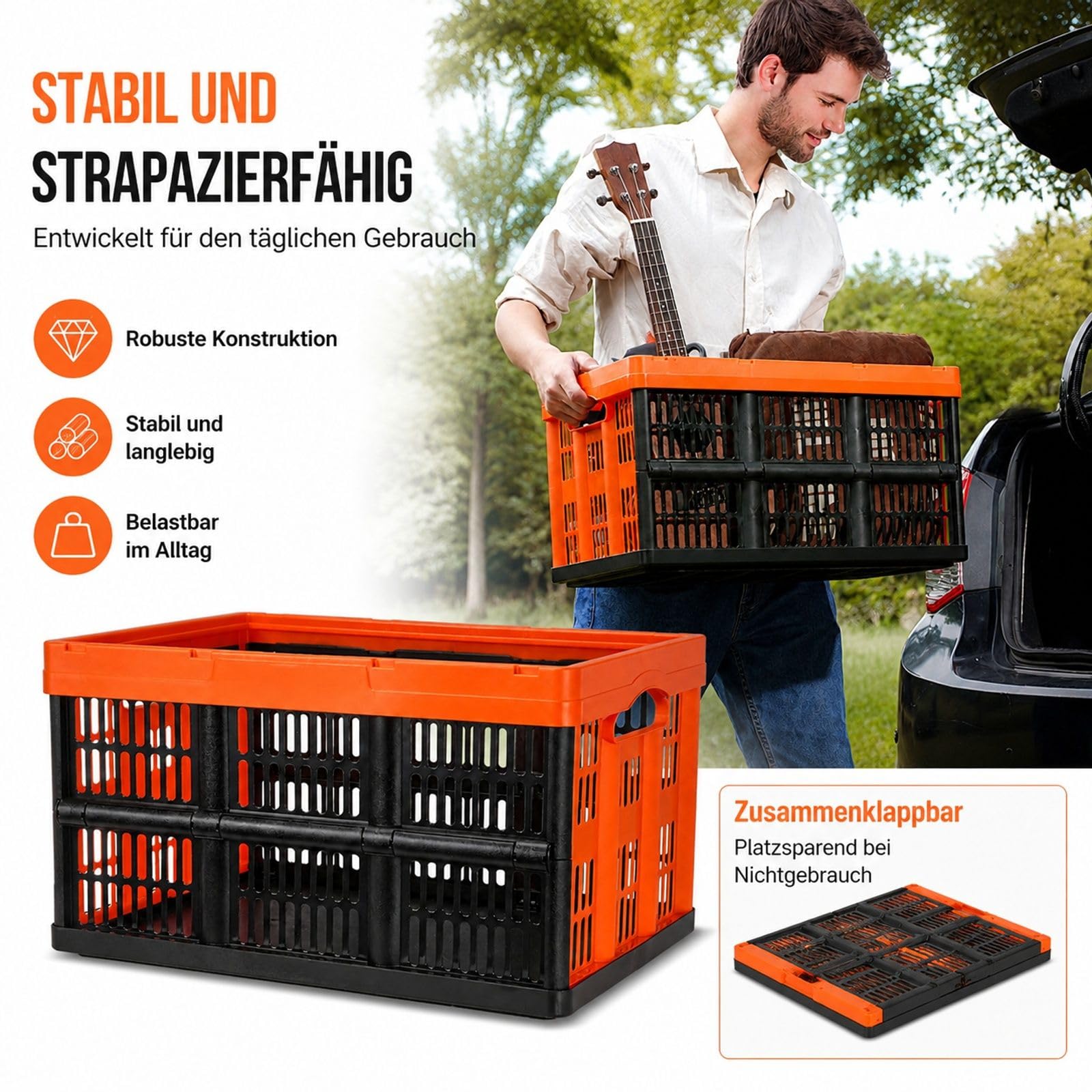 3-teiliges PP Falt-Aufbewahrungskorb-Set mit Griffen, stapelbar, für Aufbewahrung und Transport