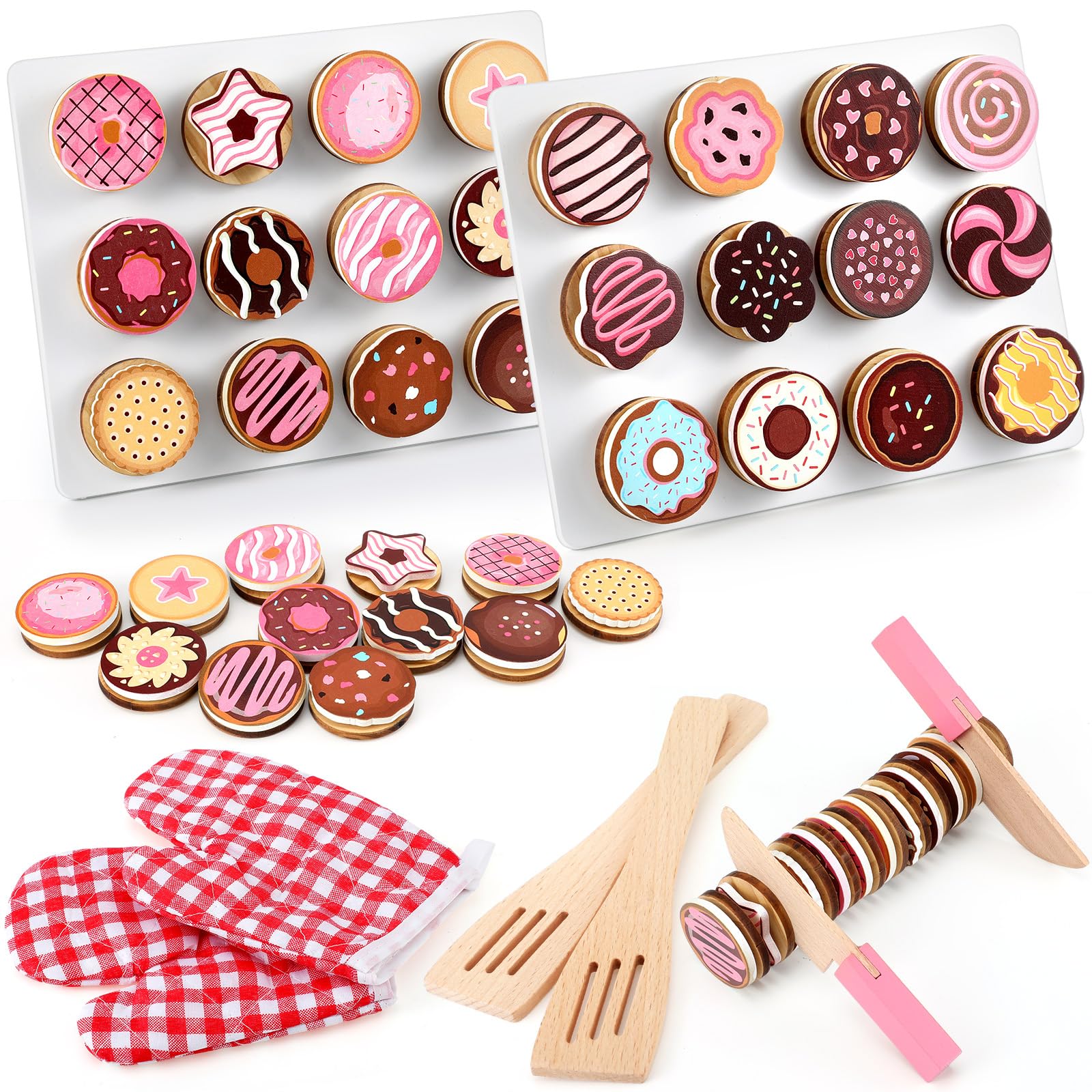 Soulchen 32 Pcs Slice and Bake Wooden Cookie Play Food Set for Kids Kitchen Accessories Food Toys Toddlers Pretend Cookies and Baking Sheet for 3+