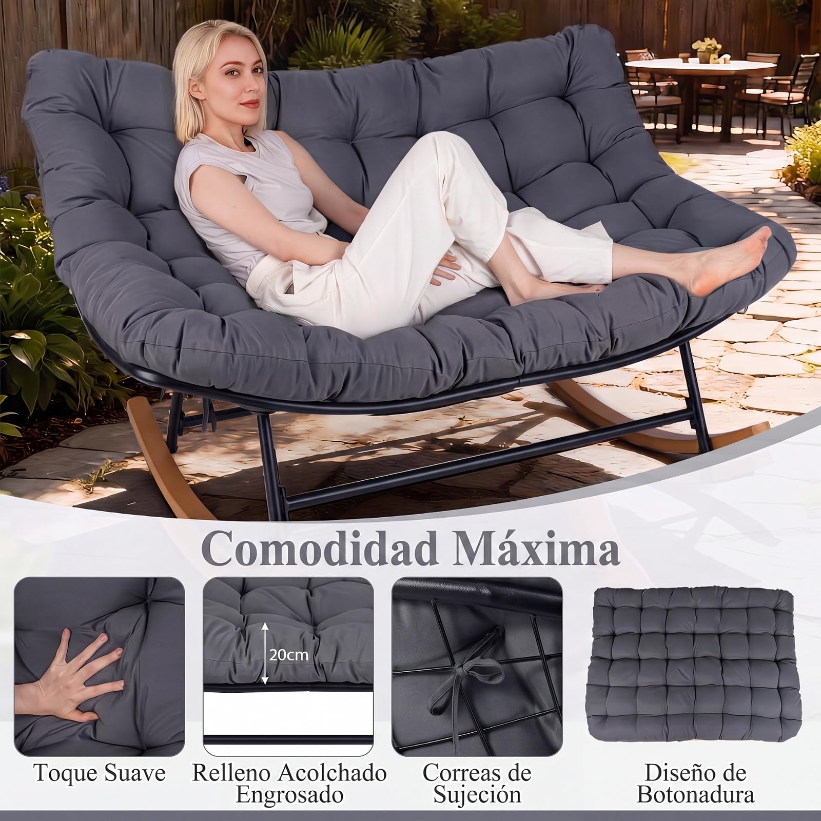 COSTWAY Silla Mecedora Doble Cojín Acolchado, Butaca Salón XXL (Oscuro)