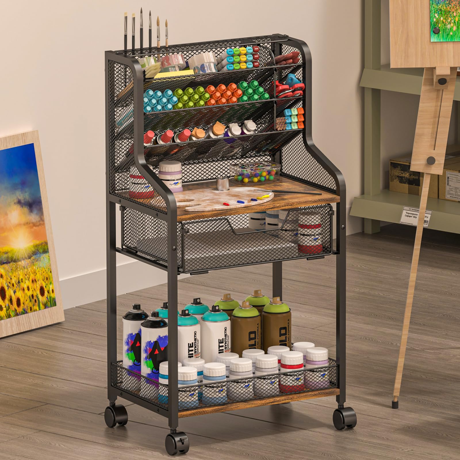 Small Rolling Utility Cart with Drawer, Metal Craft Storage Cart with Lockable Wheel, Versatile Art Organizer with 6 Tiers & Removable Dividers for Drawing Room, Store Paint & Artifact, Patent Pending