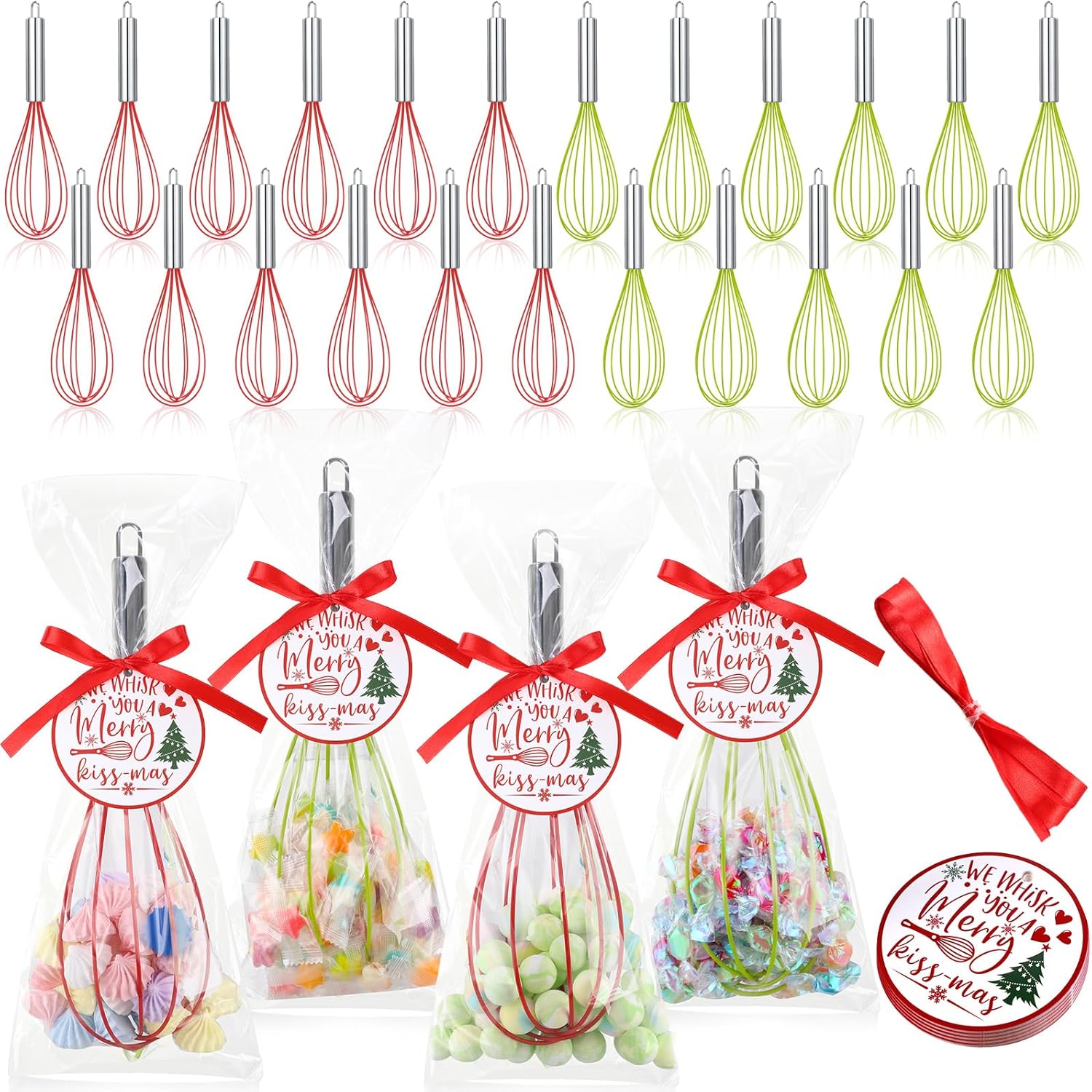 72 Sets 10 Inch Christmas Whisks Gifts DIY Fillable Christmas Tree Ornaments Xmas Colored Silicone Whisks for Cooking Heat Resistant Egg Beaters with Card Rope Bag for Candy Holder