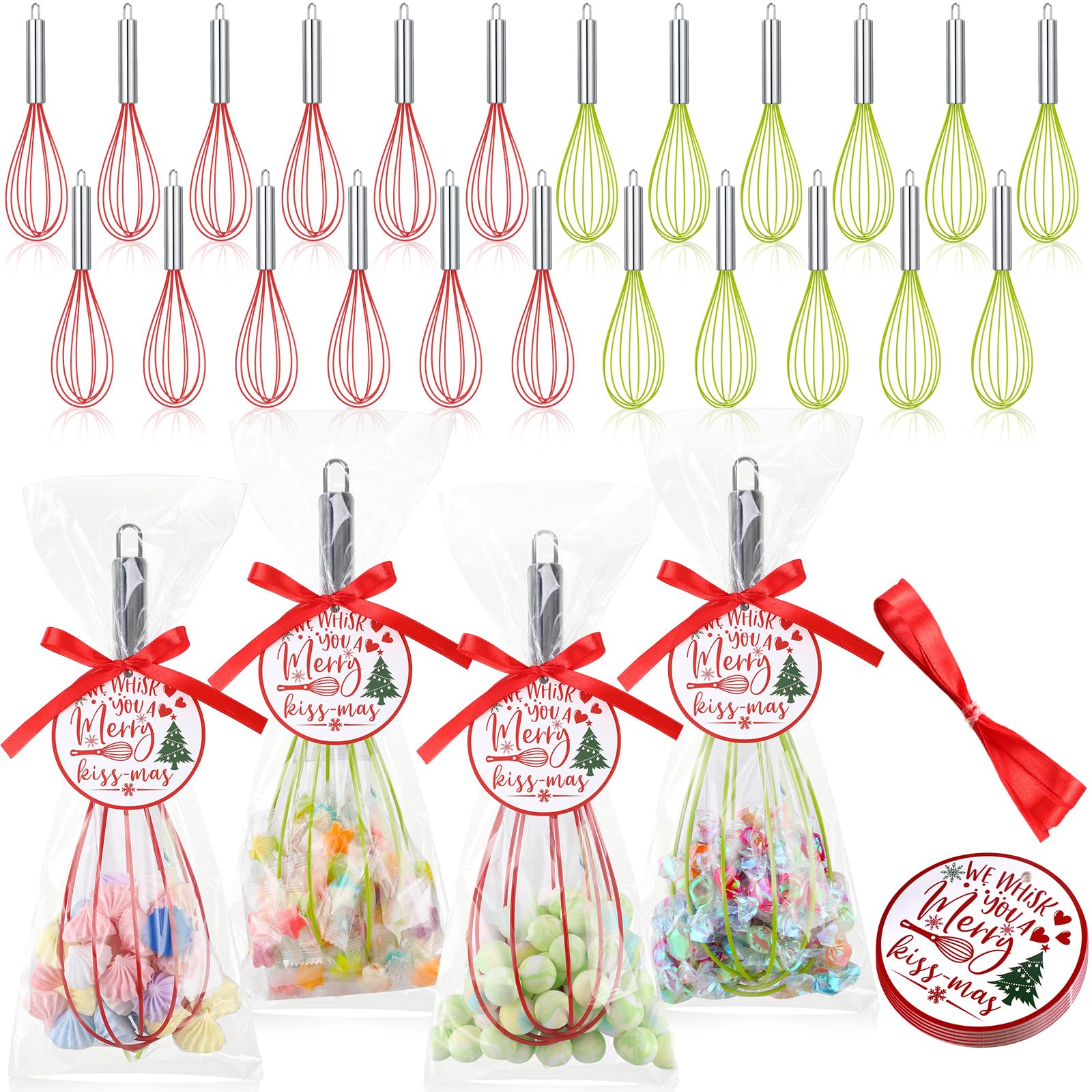 FoldTier 72 Sets 10 Inch Christmas Whisks Gifts DIY Fillable Christmas Tree Ornaments Xmas Colored Silicone Whisks for Cooking Heat Resistant Egg Beaters with Card Rope Bag for Candy Holder