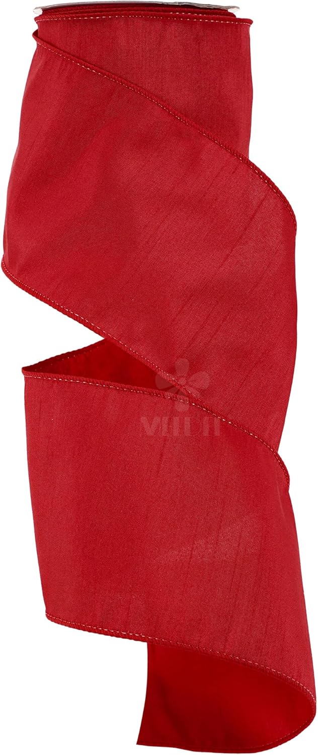MEEDEE Red Dupioni Wired Ribbon 4 inch Wide Red Faux Silk with 10 Yards Spool Dupion Wired Edge Ribbon for Gift Wrapping, Gift Baskets, Christmas Tree, Garland, Wreaths, Centerpiece and Party Décor