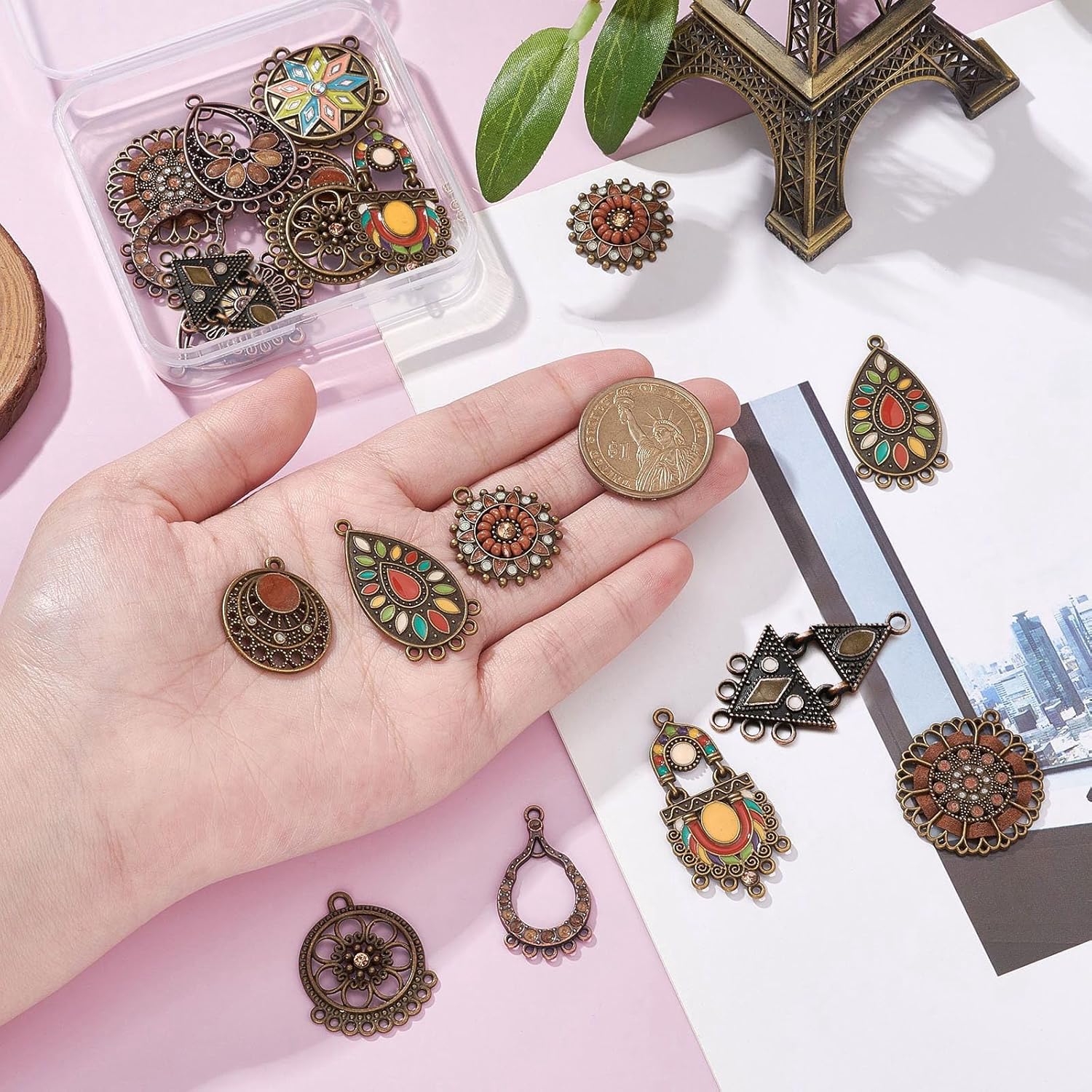 Ipotkitt 20 Pcs 10 Styles Antique Style Chandelier Components Links Boho Enamel Earrings Connector Charms with Crystal Rhinestone for DIY Jewelry Making - Image 3