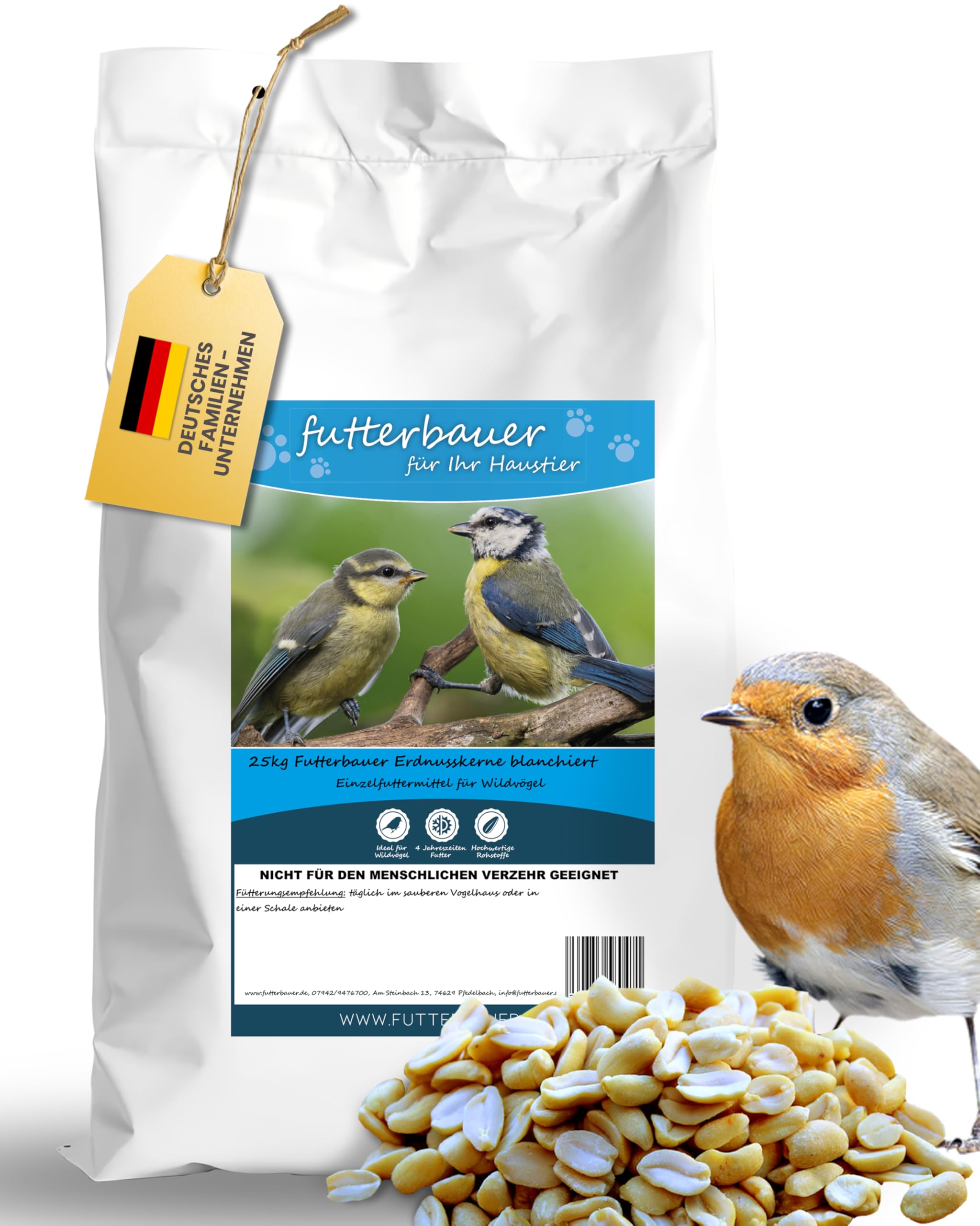 Futterbauer Erdnüsse blanchiert 25 kg, Weiße & schalenlose Erdnusskerne für Wildvögel & Eichhörnchen, Ambrosia kontrolliert, hochwertiges Vogelfutter