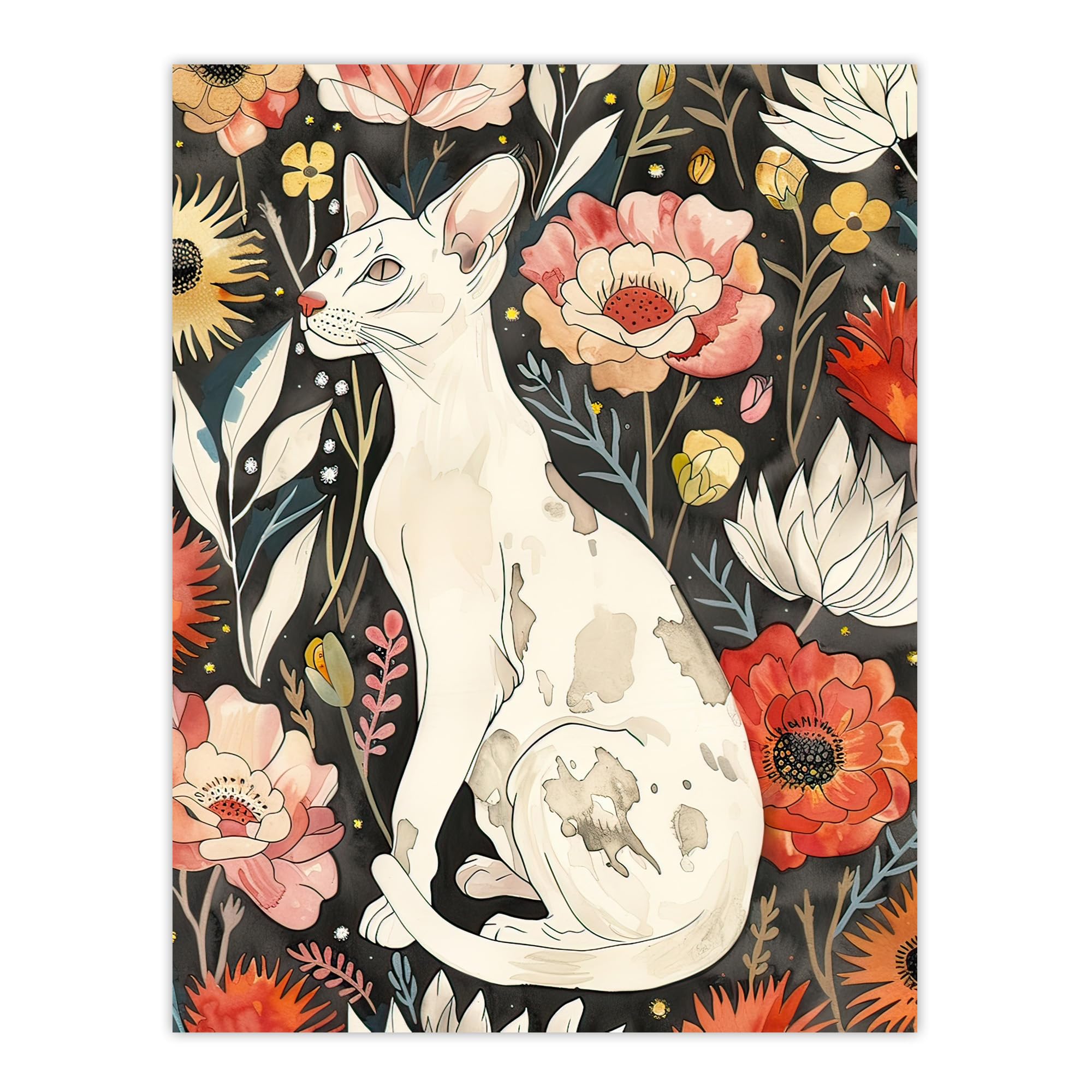 Artery8 Cat Lover Oriental Shorthair Floral Pet Portrait Living Room Large Wall Art Poster Print Thick Paper 18X24 Inch