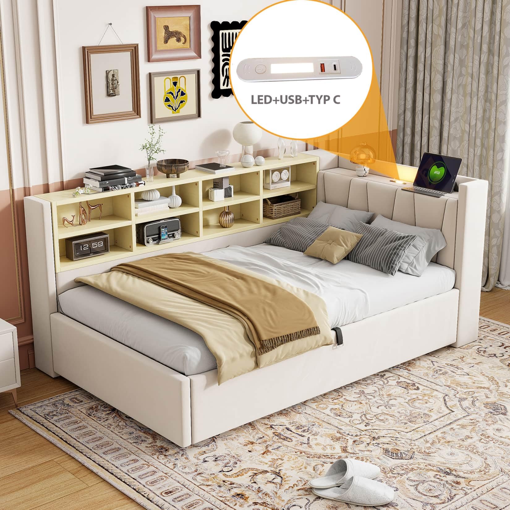 PUGSDRLY Lit 1 Place 90x200cm avec Rangement Hydraulique et Veilleuse,Canapé Lit Multifonctionnel avec Compartiments de Rangement,Port USB et Type-C,Sommier à Lattes,Tissu Velours (Beige, 90)