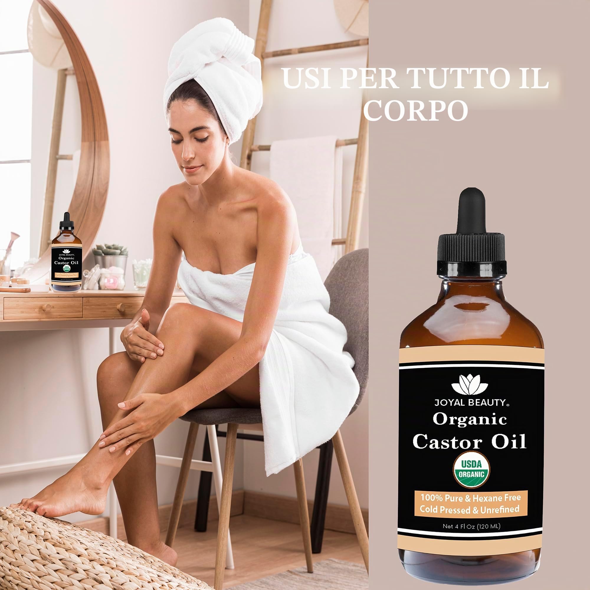 Castor Oil (4 OZ) USDA Organic 100% Pure Cold-Pressed Hexane-free Premium Quality Large Size for Hair Growth, Eyelashes, Eyebrows, Beard and Skin by Joyal Beauty. Bonus FREE Mascara Kit Included